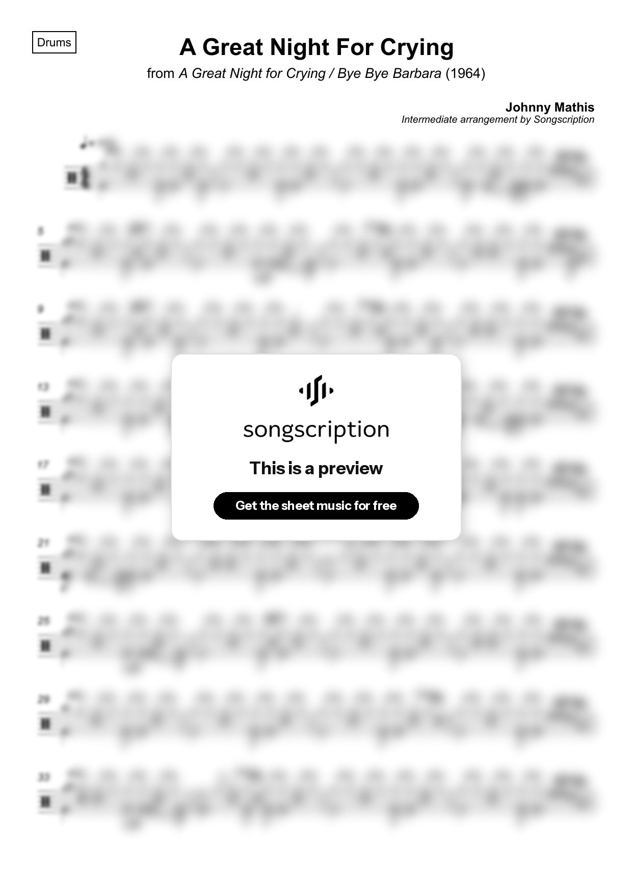 Intermediate Drums Sheet Music for "A Great Night For Crying" by Johnny Mathis