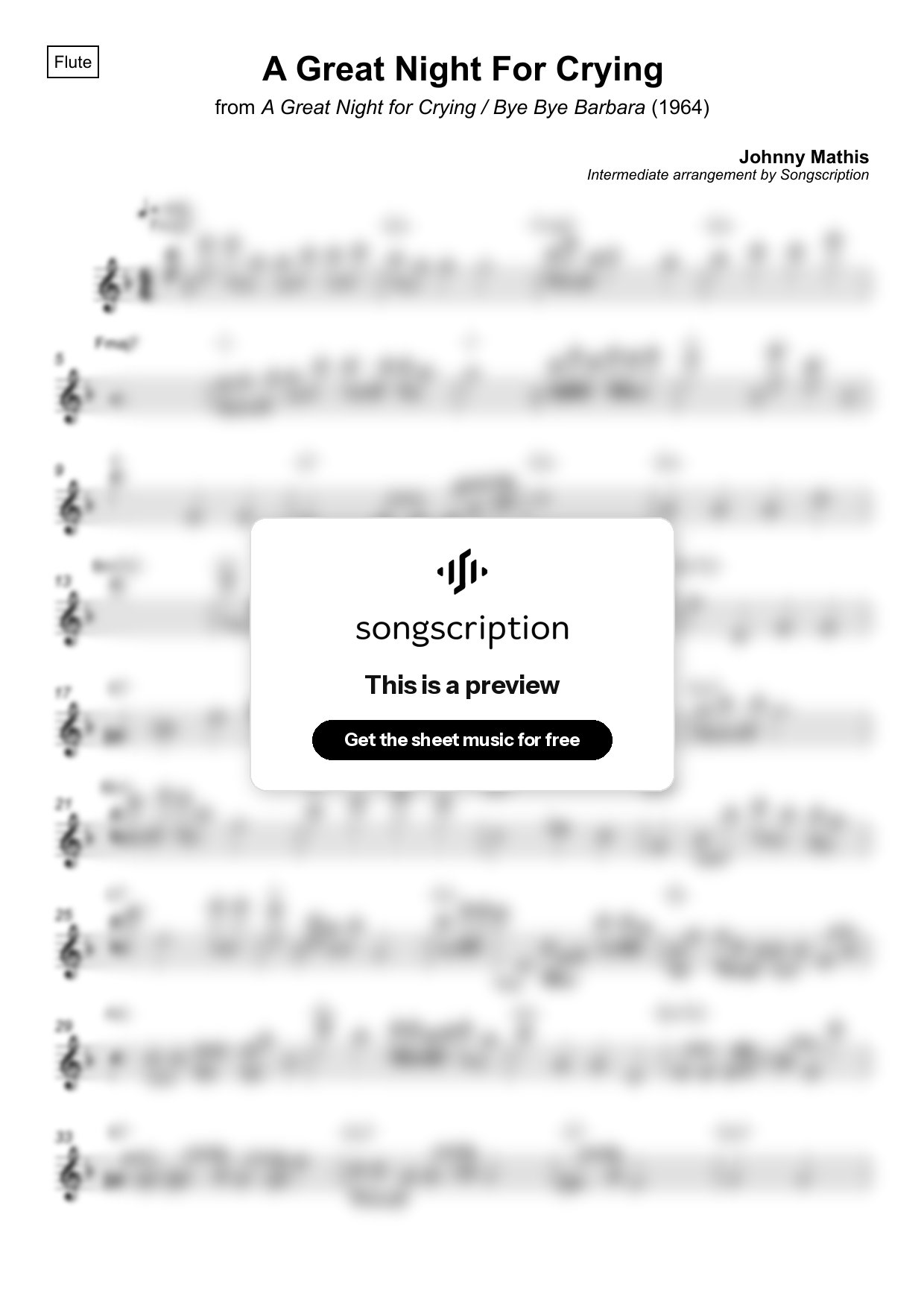 Intermediate Flute Sheet Music for "A Great Night For Crying" by Johnny Mathis