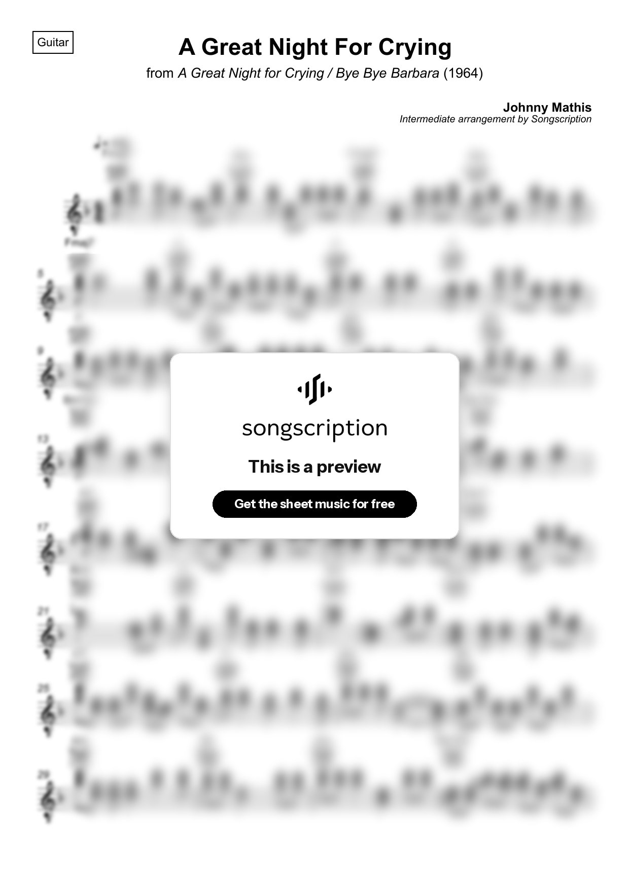 Intermediate Acoustic Guitar Sheet Music for "A Great Night For Crying" by Johnny Mathis