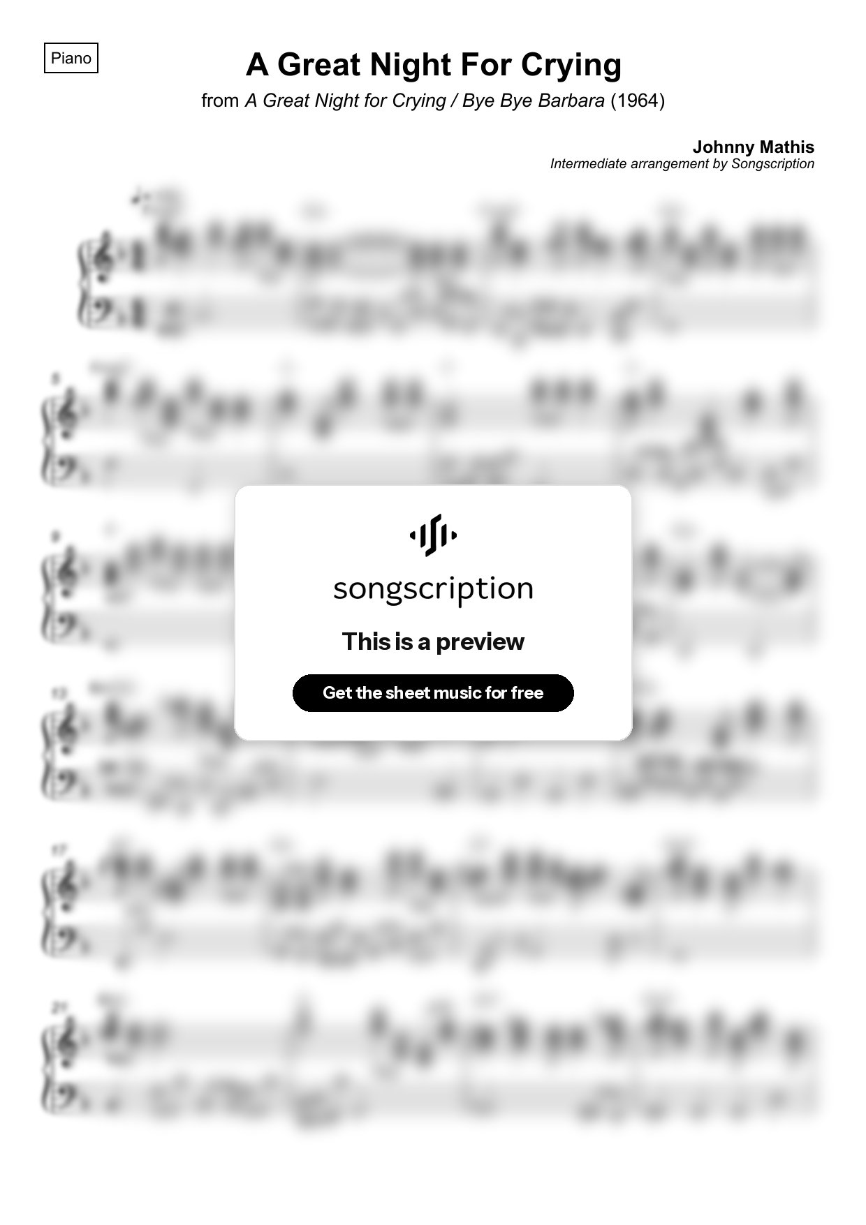 Intermediate Piano Sheet Music for "A Great Night For Crying" by Johnny Mathis