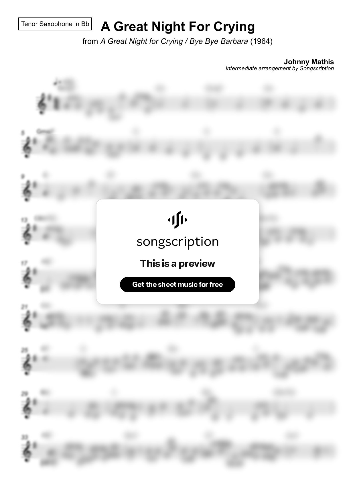 Intermediate Tenor Sax Sheet Music for "A Great Night For Crying" by Johnny Mathis