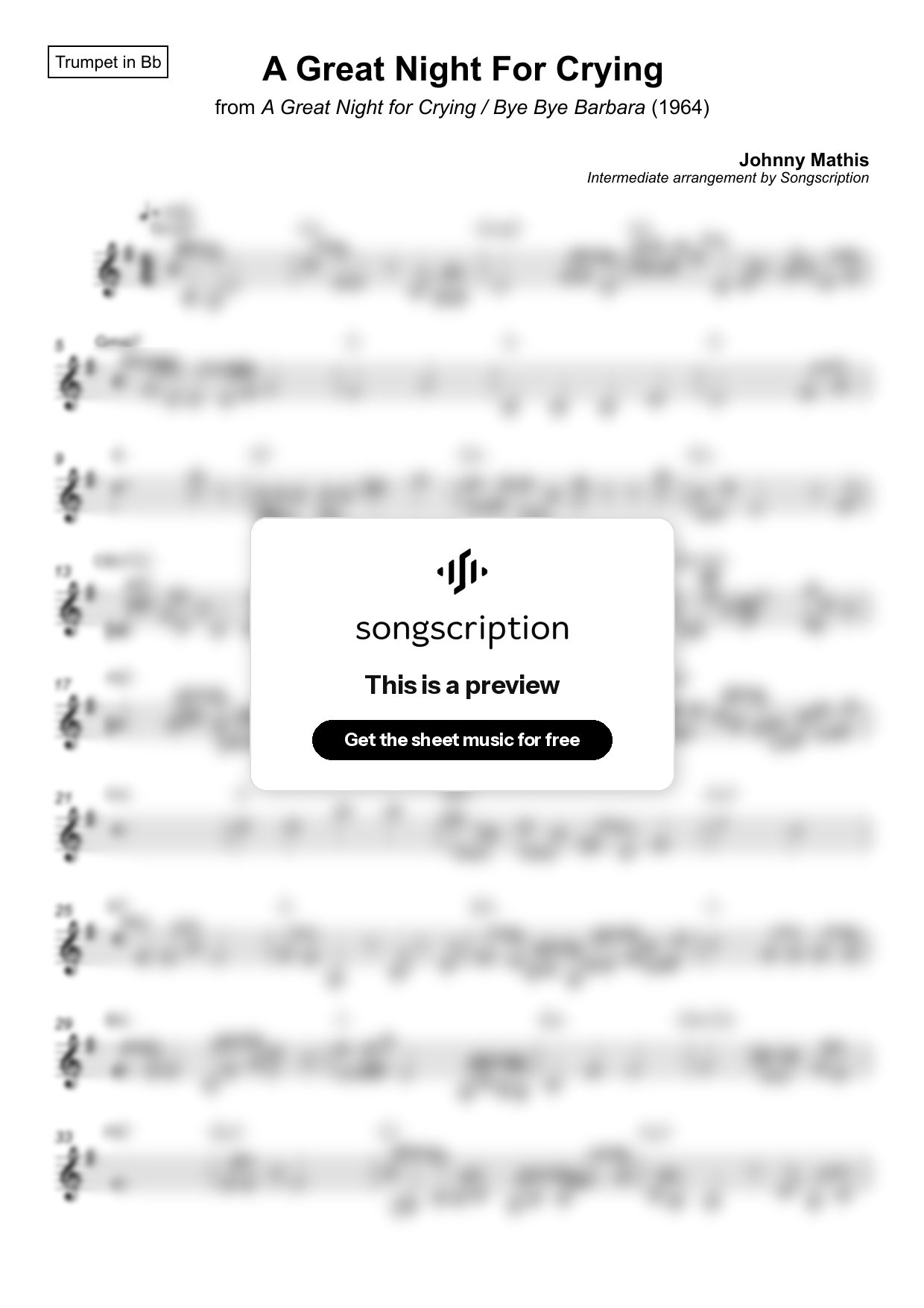 Intermediate Trumpet Sheet Music for "A Great Night For Crying" by Johnny Mathis