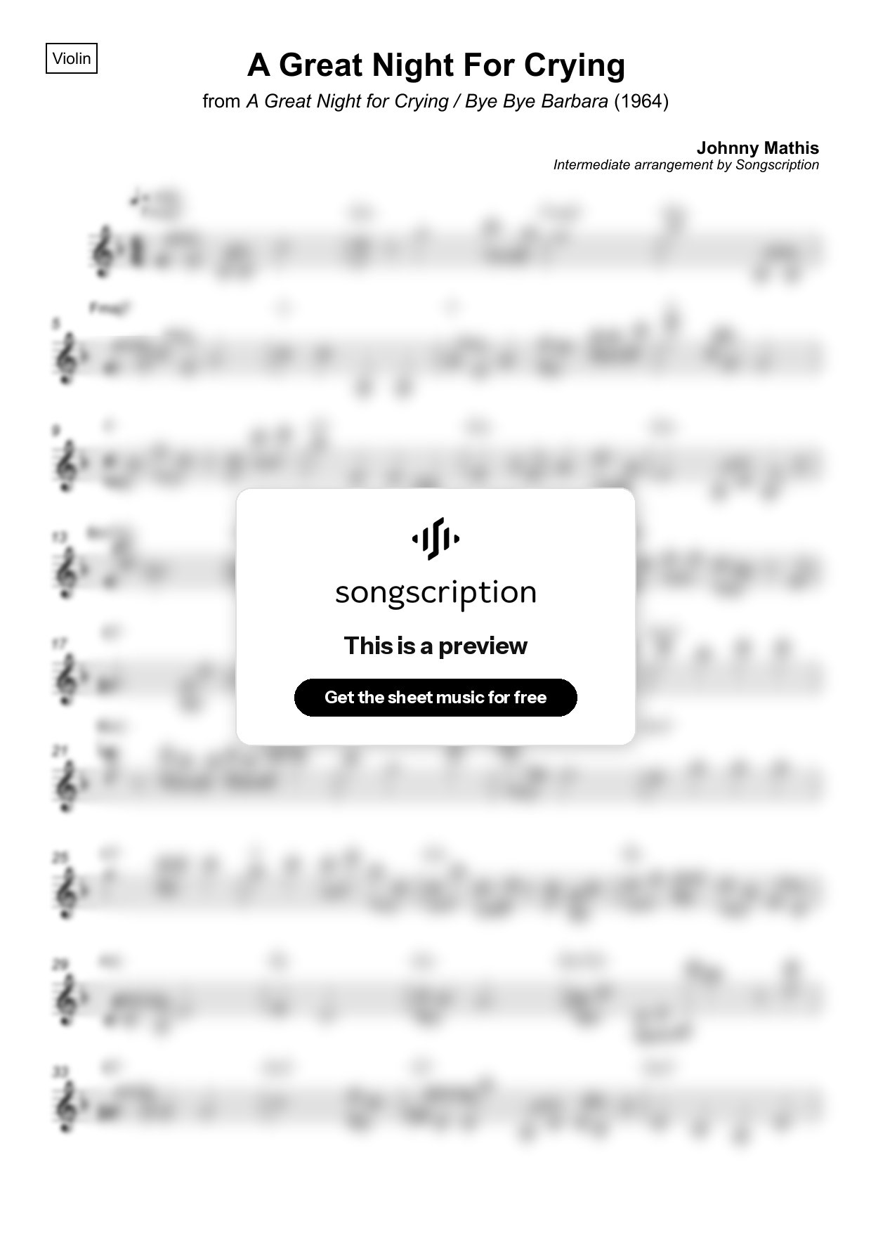 Intermediate Violin Sheet Music for "A Great Night For Crying" by Johnny Mathis