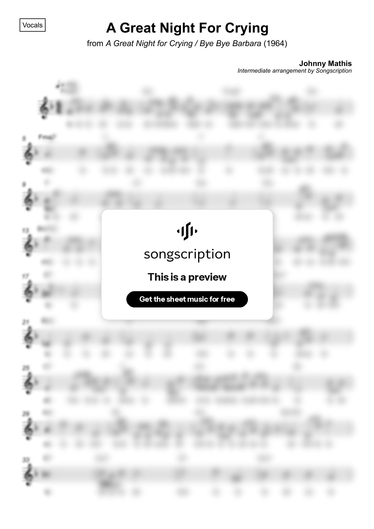 Intermediate Vocals Sheet Music for "A Great Night For Crying" by Johnny Mathis