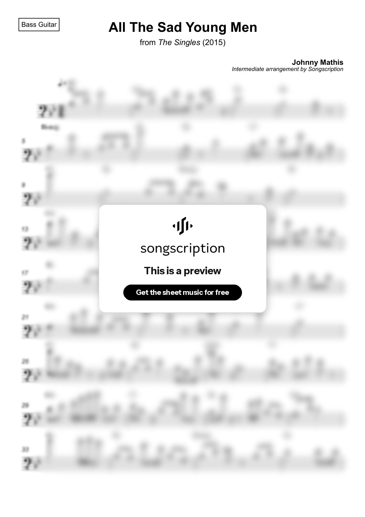 Intermediate Bass Guitar Sheet Music for "All The Sad Young Men" by Johnny Mathis