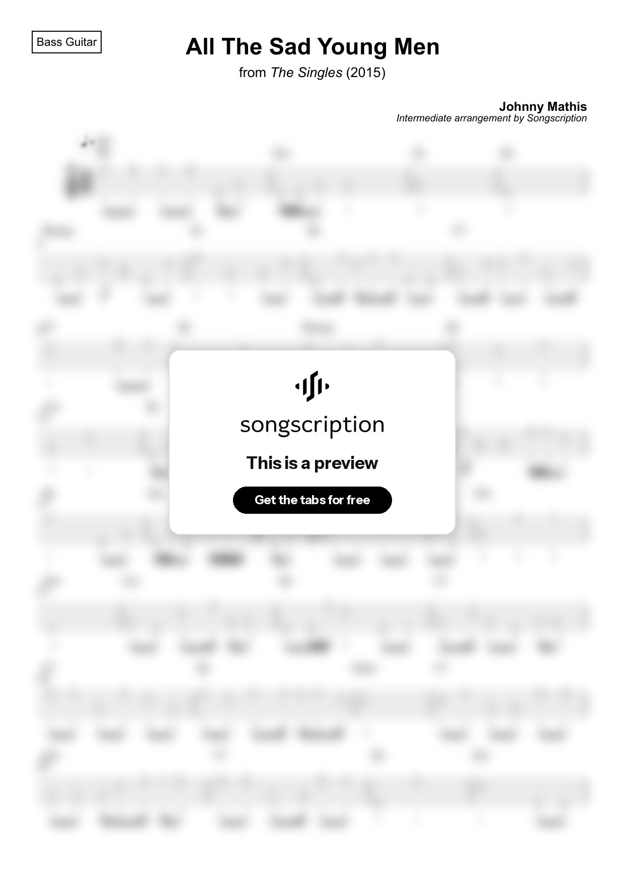 Intermediate Bass Guitar Tabs for "All The Sad Young Men" by Johnny Mathis