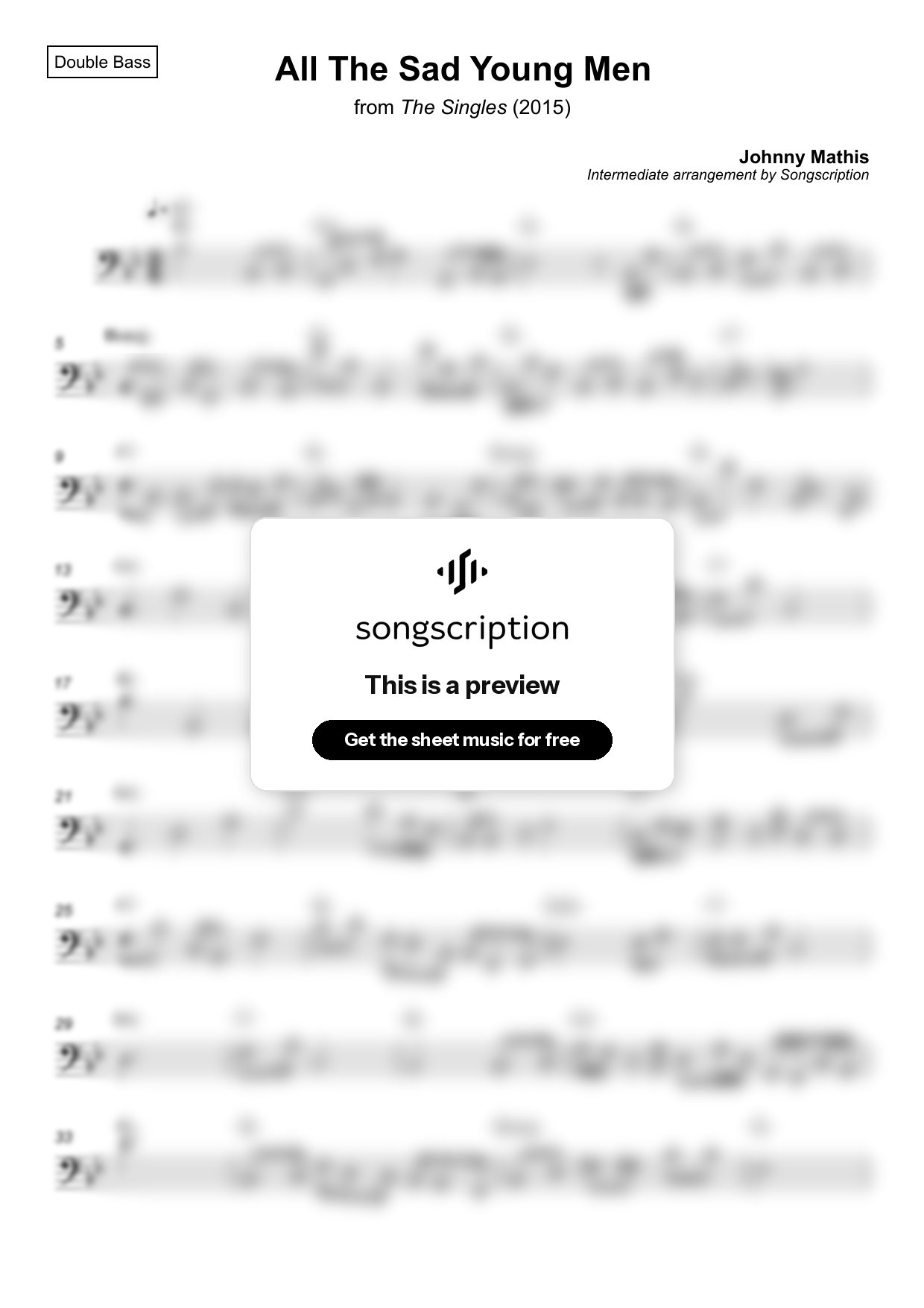 Intermediate Double Bass Sheet Music for "All The Sad Young Men" by Johnny Mathis
