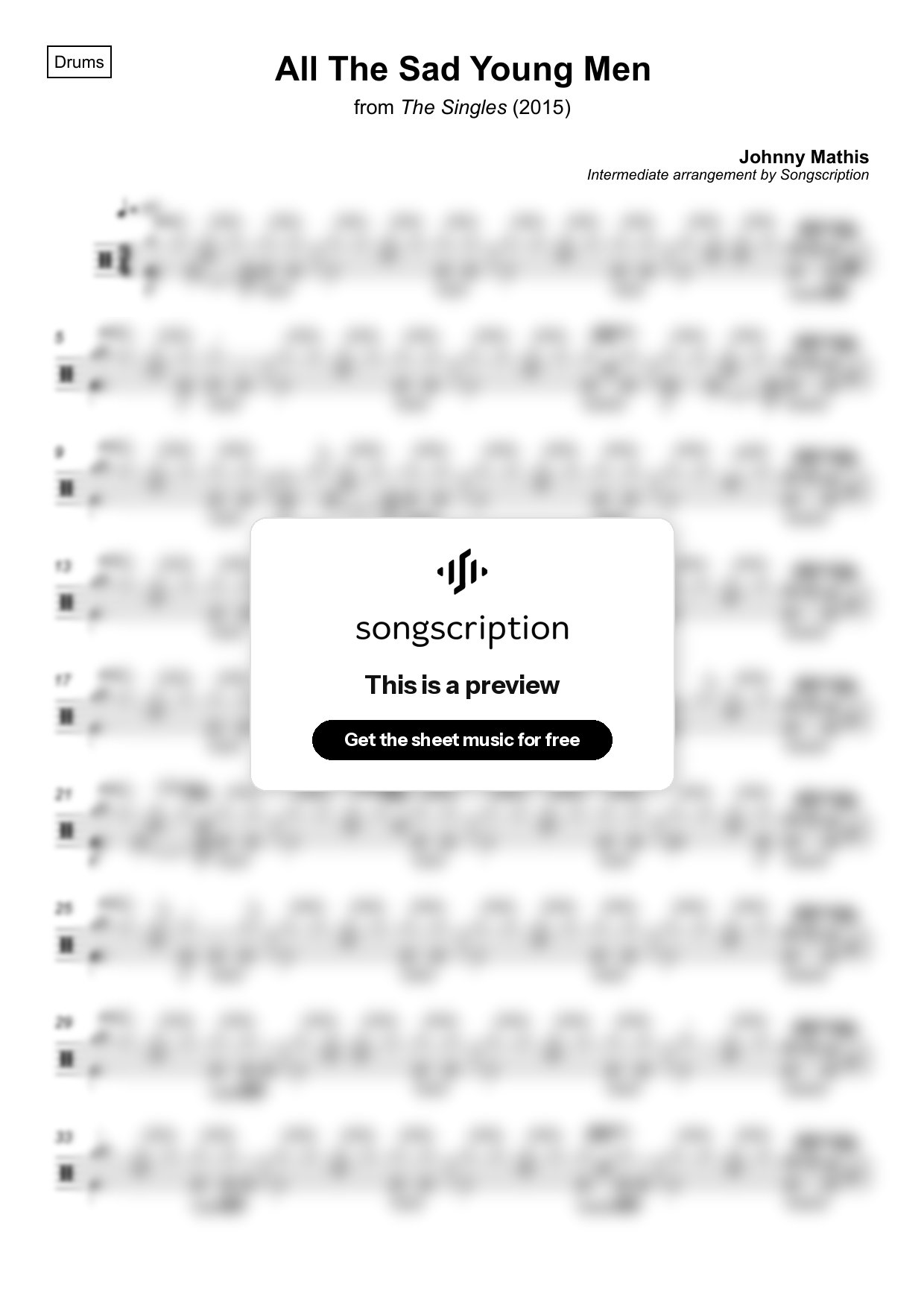 Intermediate Drums Sheet Music for "All The Sad Young Men" by Johnny Mathis