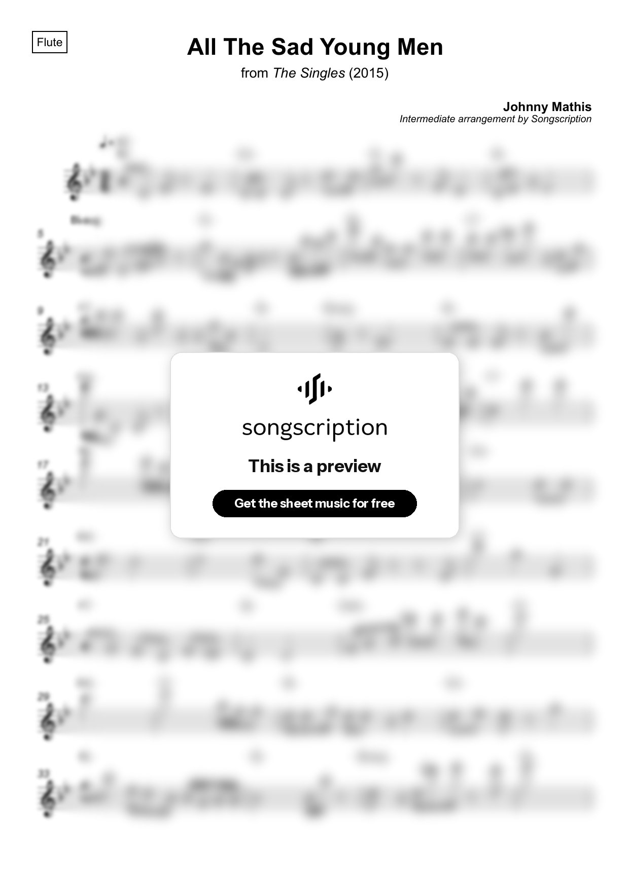 Intermediate Flute Sheet Music for "All The Sad Young Men" by Johnny Mathis