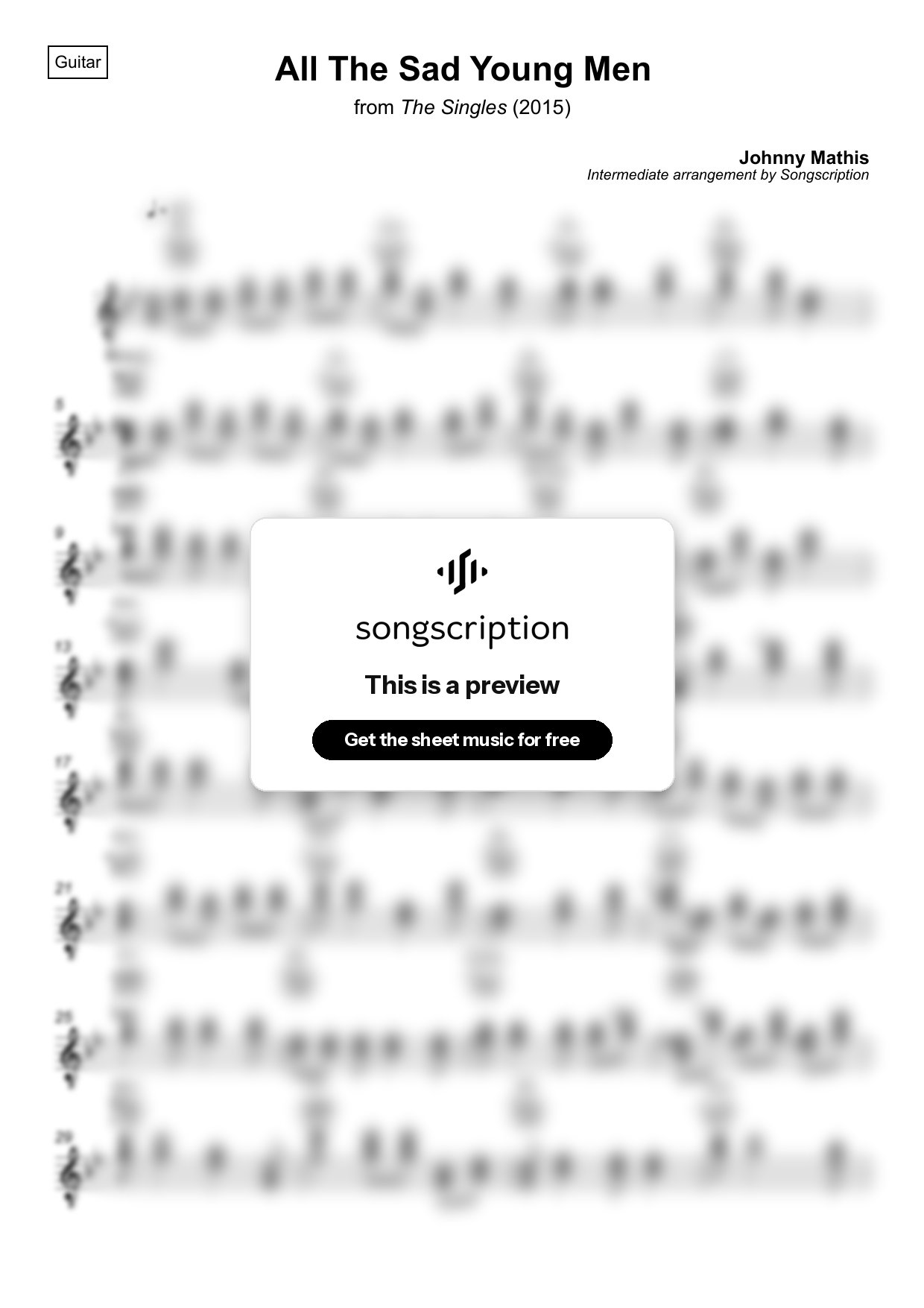Intermediate Acoustic Guitar Sheet Music for "All The Sad Young Men" by Johnny Mathis