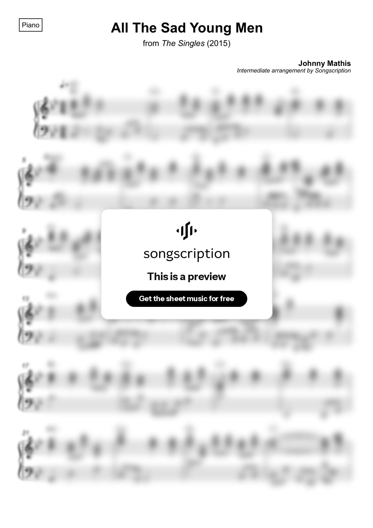 Intermediate Piano Sheet Music for "All The Sad Young Men" by Johnny Mathis