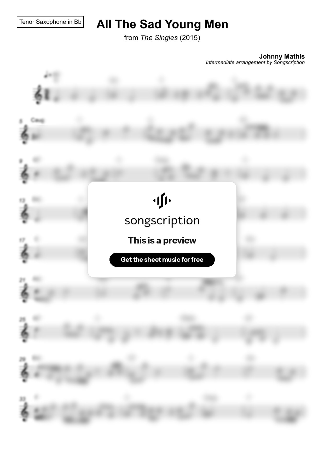 Intermediate Tenor Sax Sheet Music for "All The Sad Young Men" by Johnny Mathis