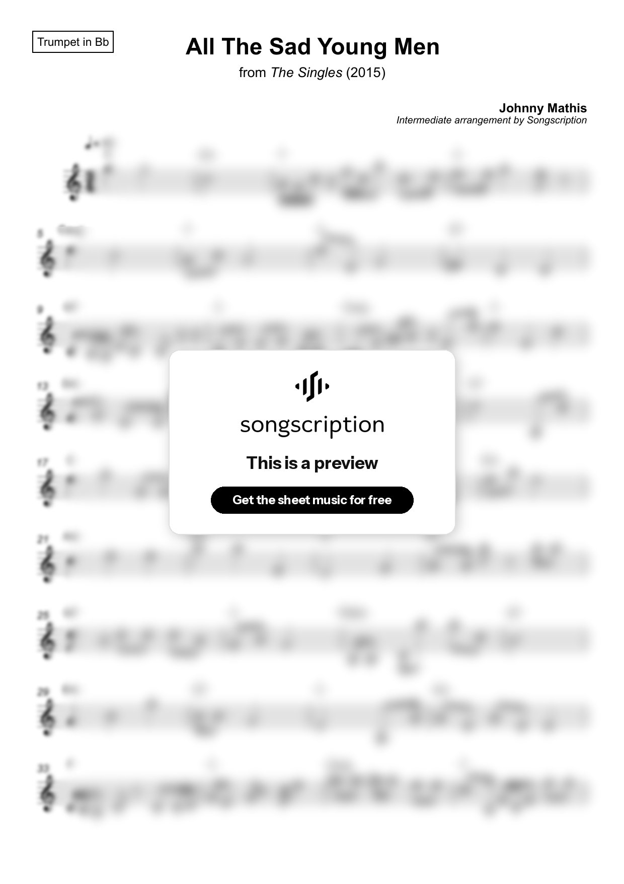 Intermediate Trumpet Sheet Music for "All The Sad Young Men" by Johnny Mathis