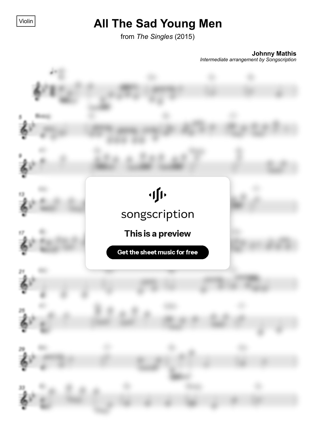 Intermediate Violin Sheet Music for "All The Sad Young Men" by Johnny Mathis