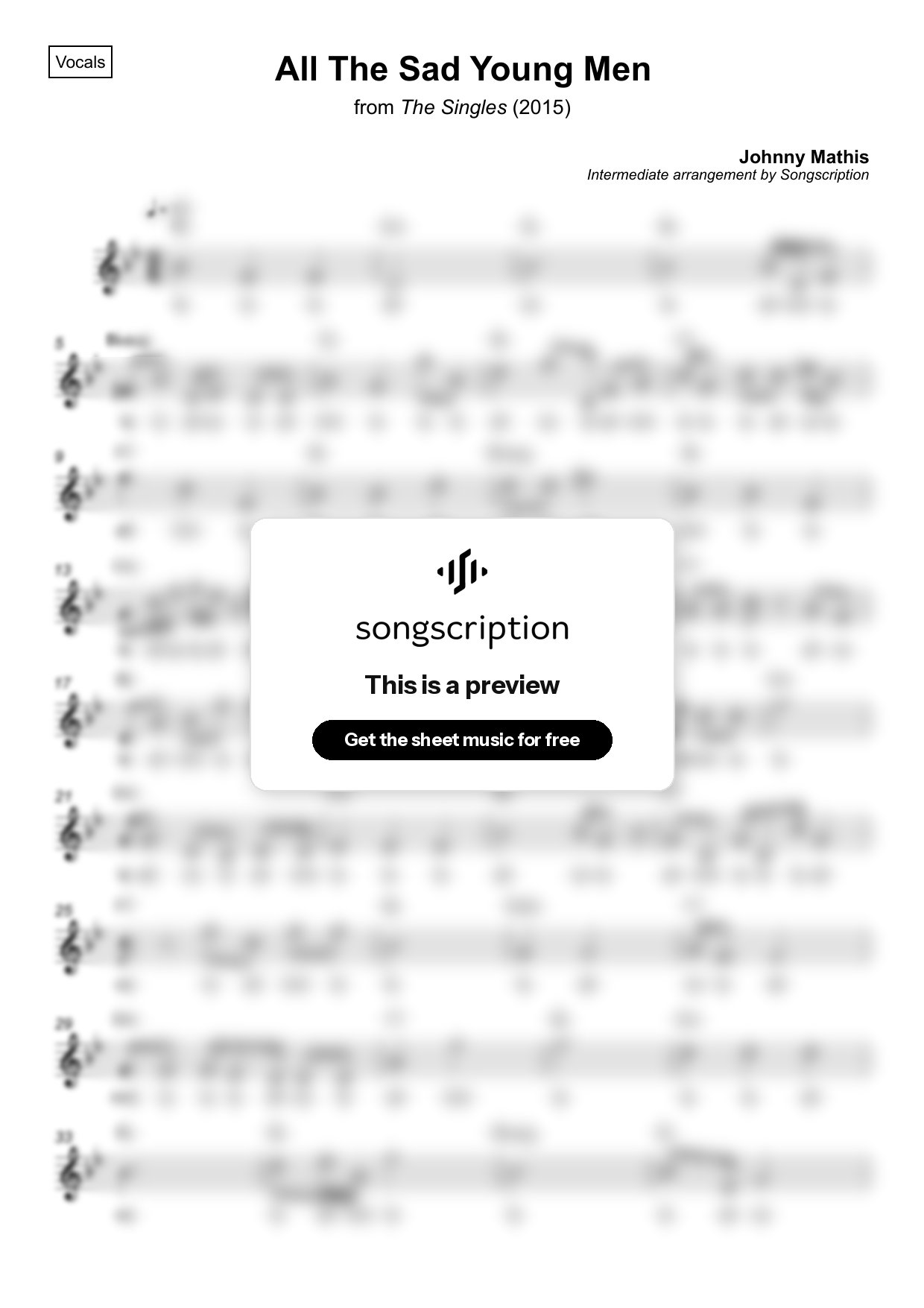 Intermediate Vocals Sheet Music for "All The Sad Young Men" by Johnny Mathis