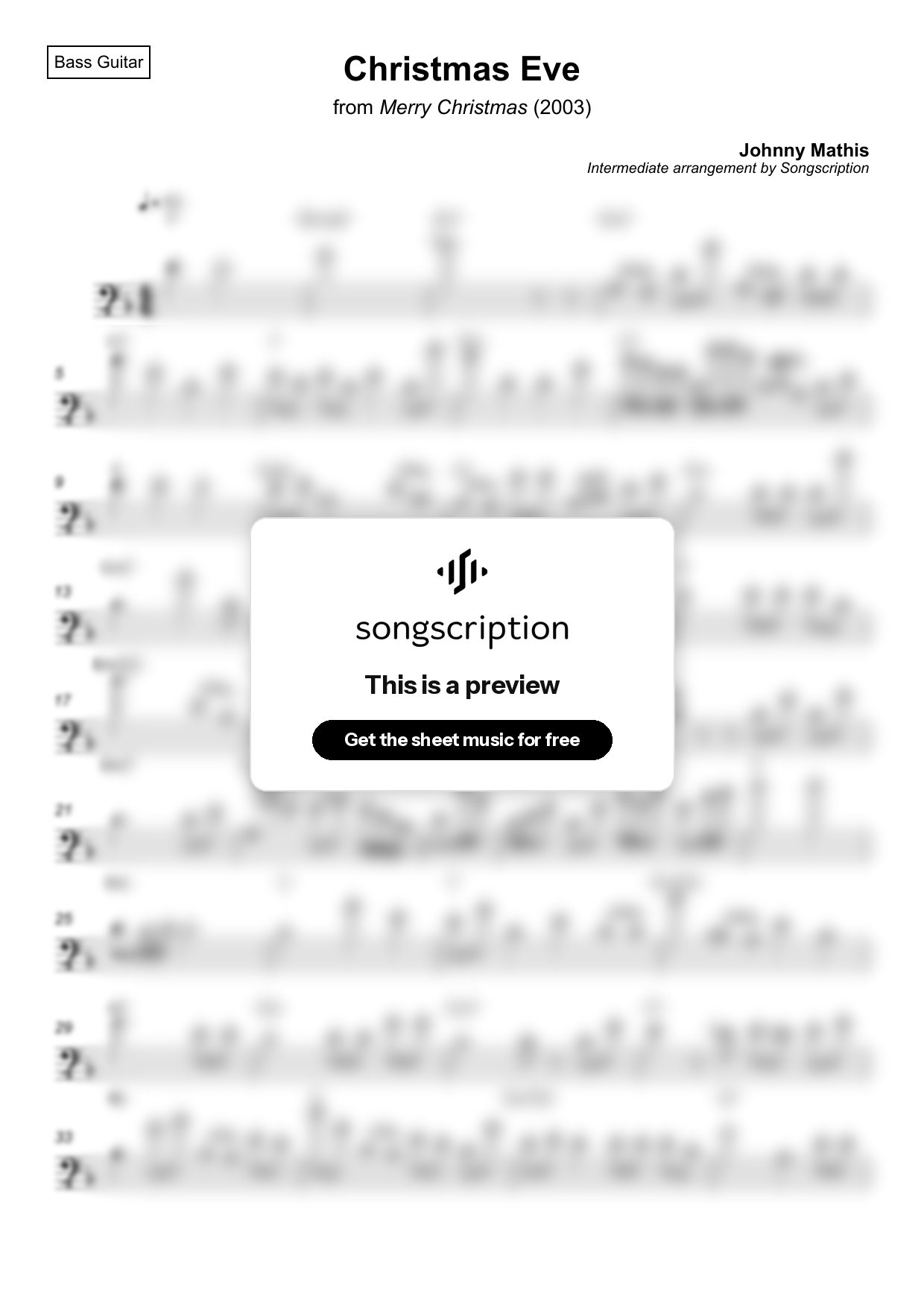 Intermediate Bass Guitar Sheet Music for "Christmas Eve" by Johnny Mathis