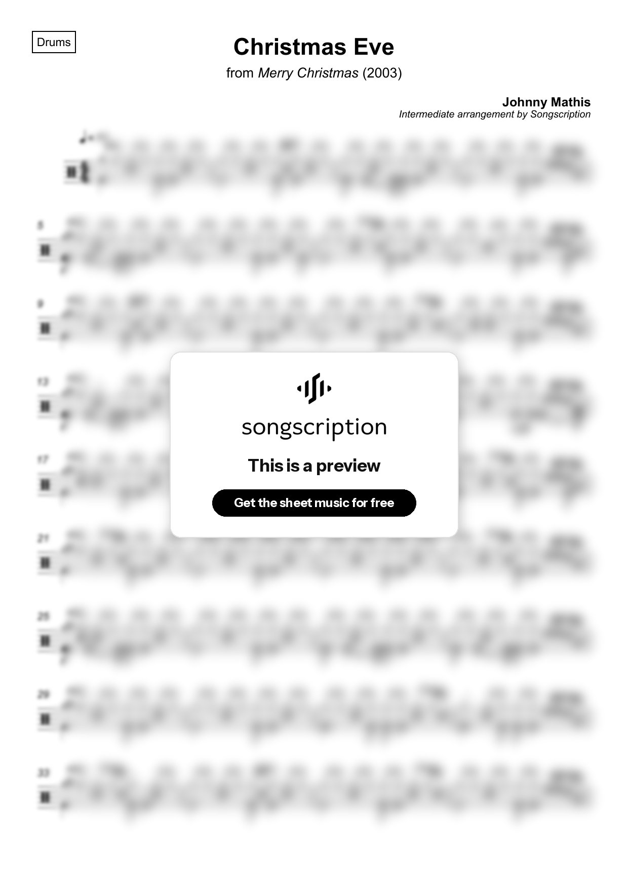 Intermediate Drums Sheet Music for "Christmas Eve" by Johnny Mathis