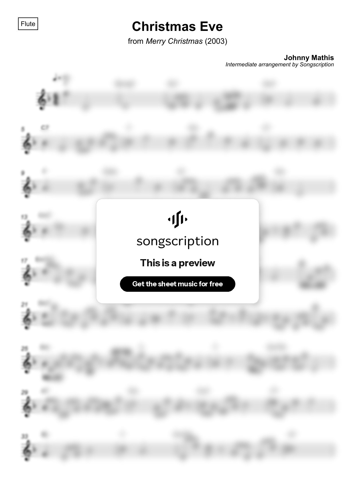 Intermediate Flute Sheet Music for "Christmas Eve" by Johnny Mathis