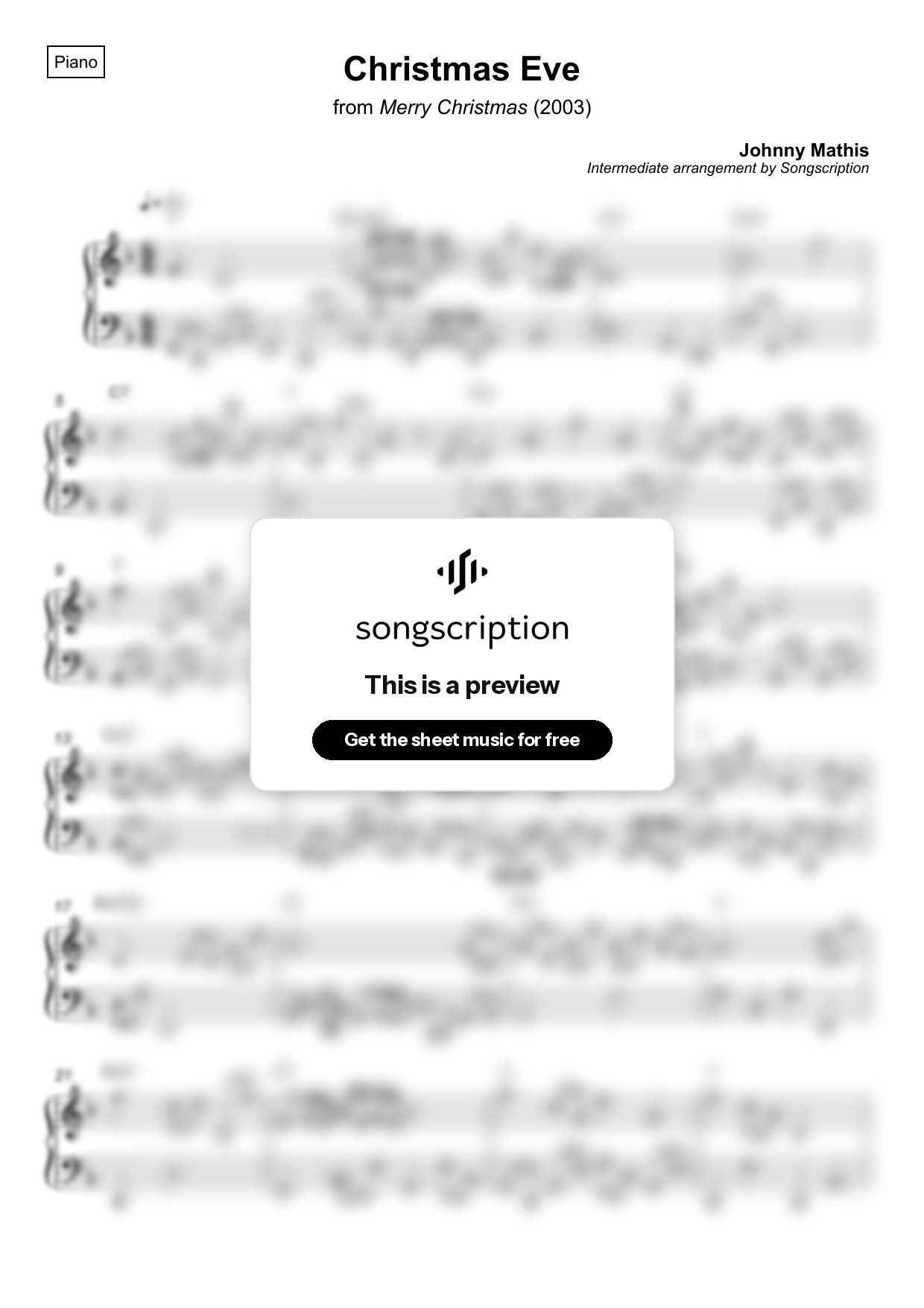 Intermediate Piano Sheet Music for "Christmas Eve" by Johnny Mathis