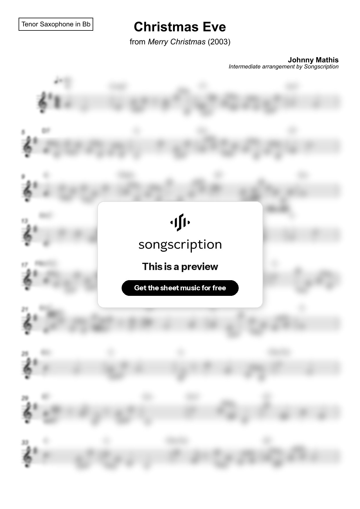 Intermediate Tenor Sax Sheet Music for "Christmas Eve" by Johnny Mathis