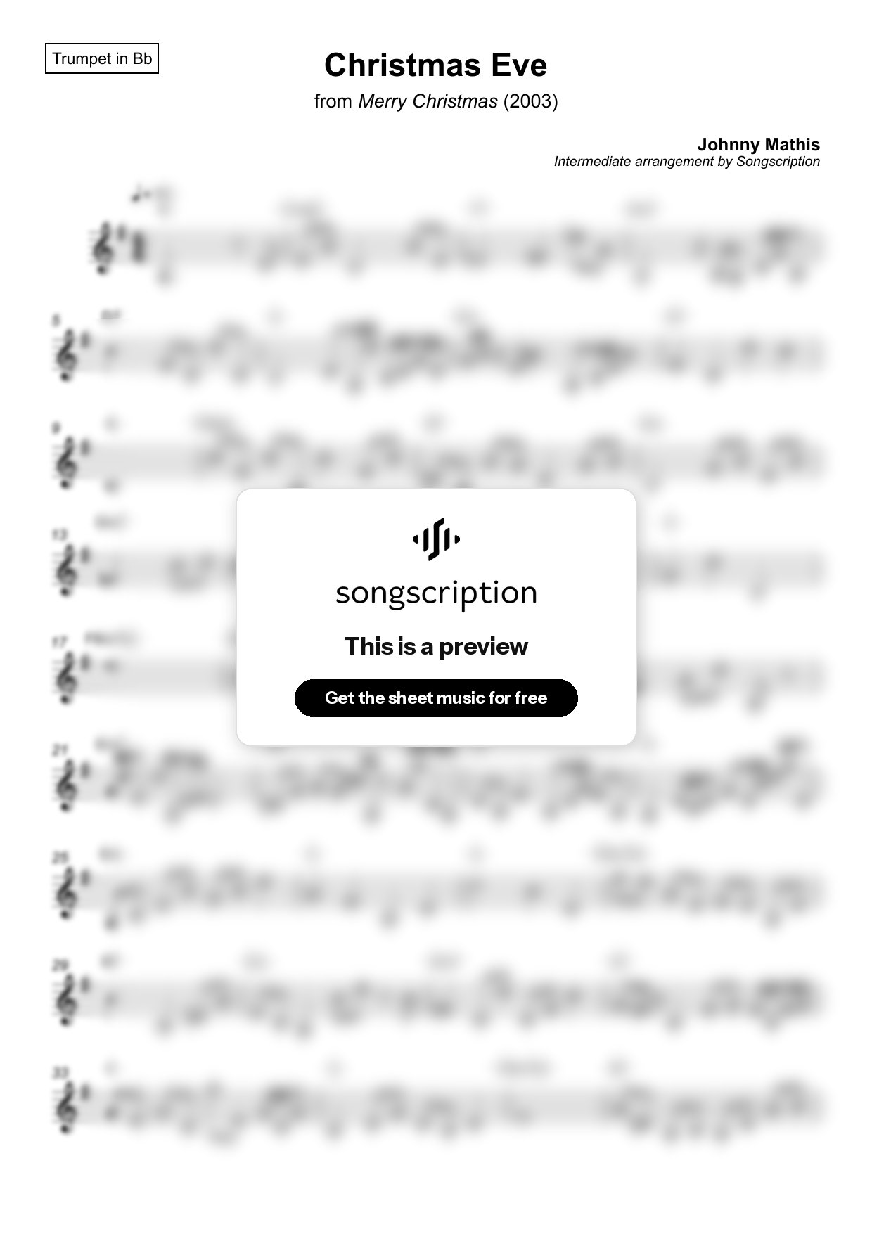 Intermediate Trumpet Sheet Music for "Christmas Eve" by Johnny Mathis