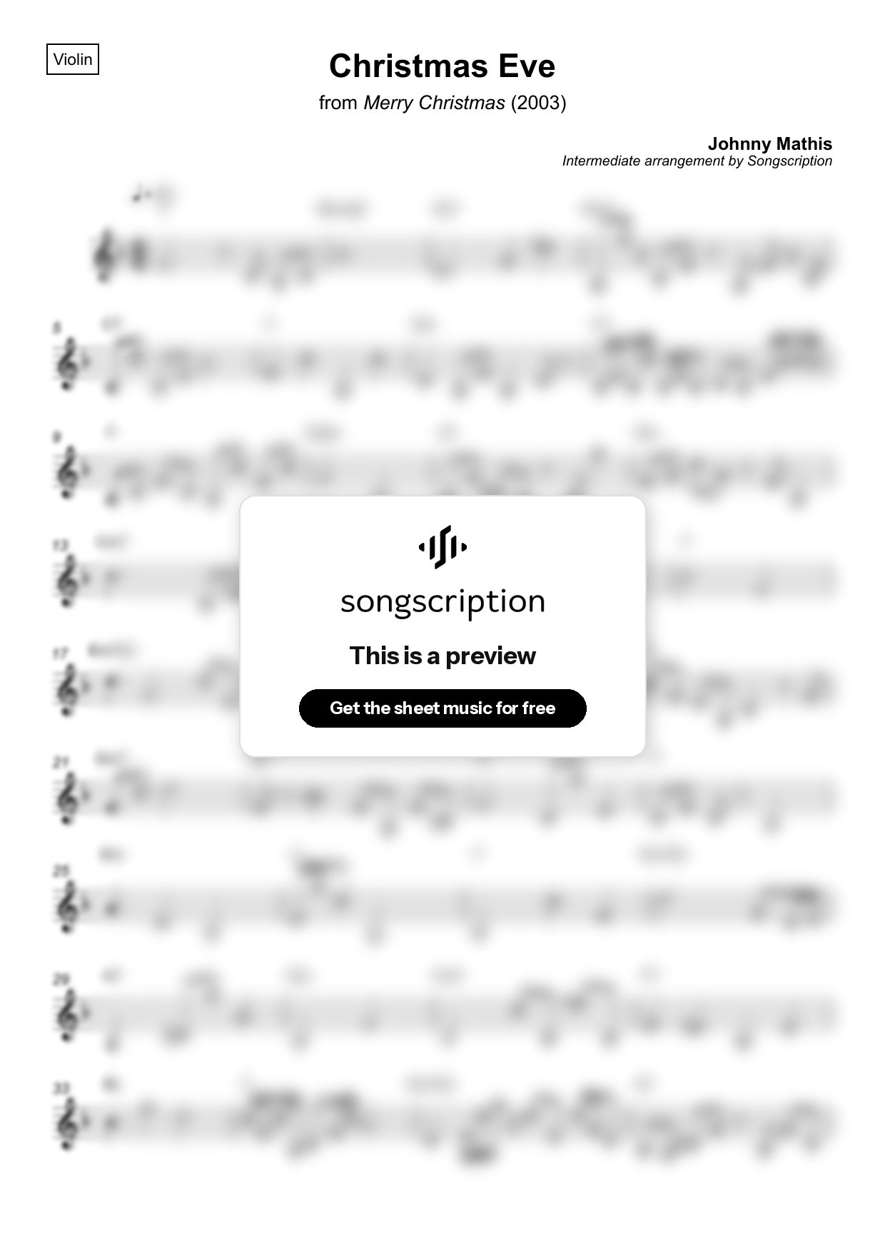 Intermediate Violin Sheet Music for "Christmas Eve" by Johnny Mathis
