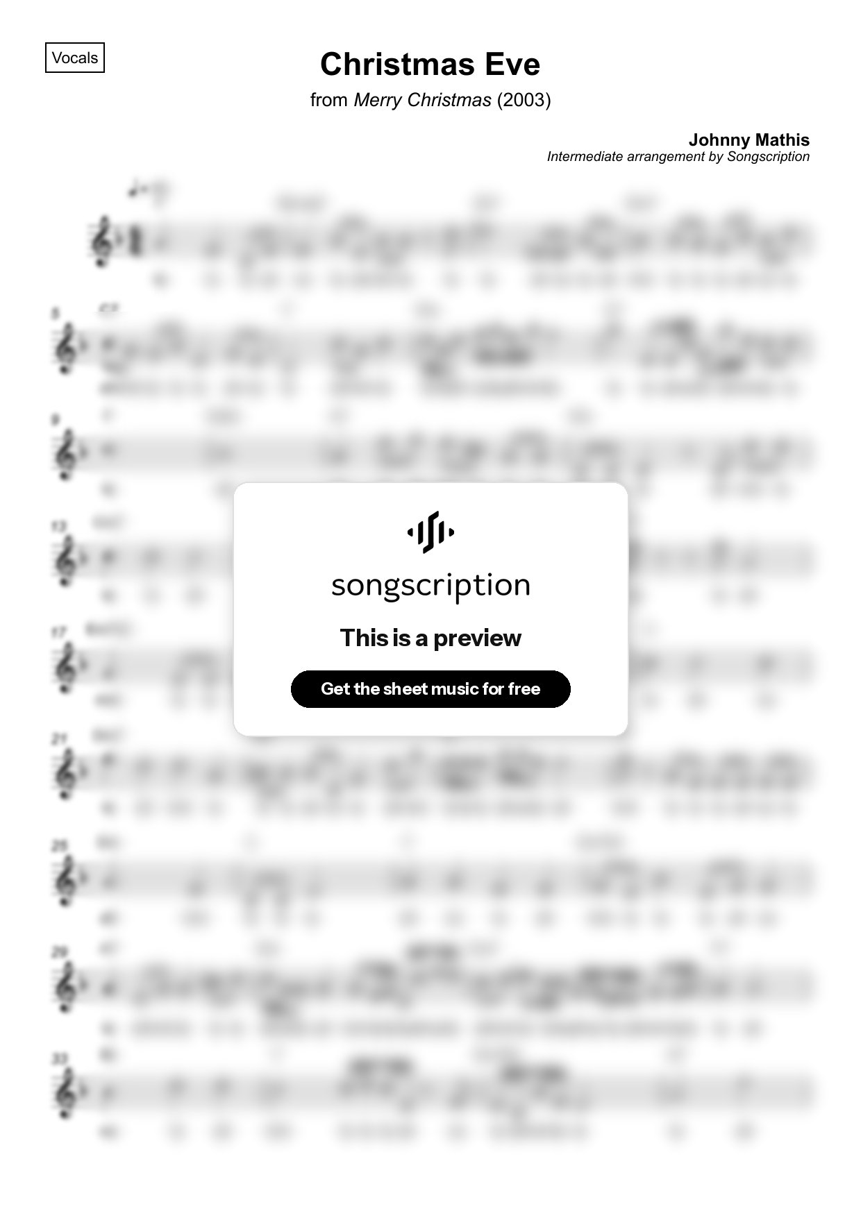 Intermediate Vocals Sheet Music for "Christmas Eve" by Johnny Mathis