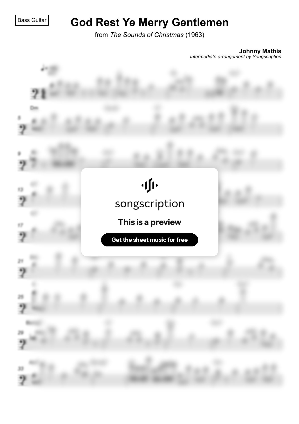 Intermediate Bass Guitar Sheet Music for "God Rest Ye Merry Gentlemen" by Johnny Mathis