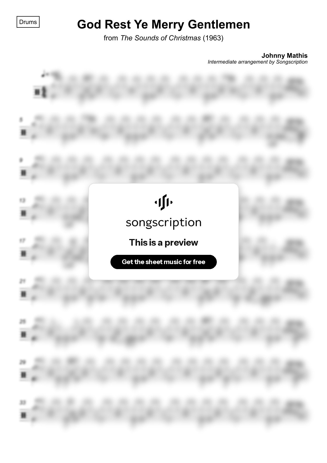 Intermediate Drums Sheet Music for "God Rest Ye Merry Gentlemen" by Johnny Mathis