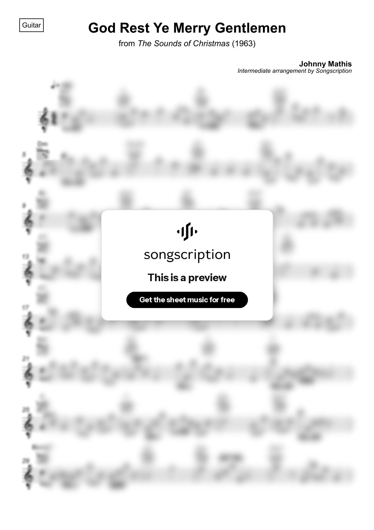 Intermediate Acoustic Guitar Sheet Music for "God Rest Ye Merry Gentlemen" by Johnny Mathis