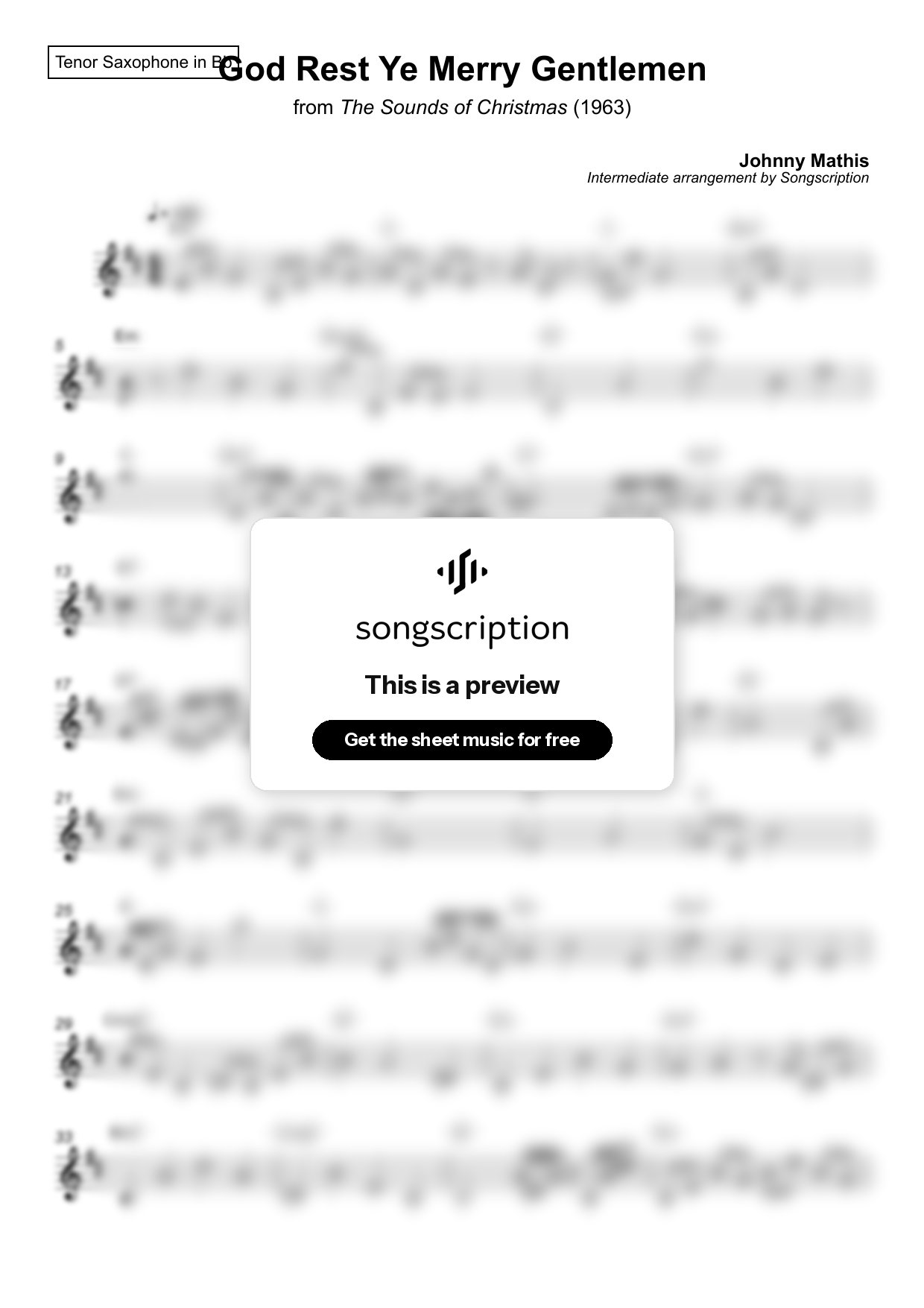 Intermediate Tenor Sax Sheet Music for "God Rest Ye Merry Gentlemen" by Johnny Mathis