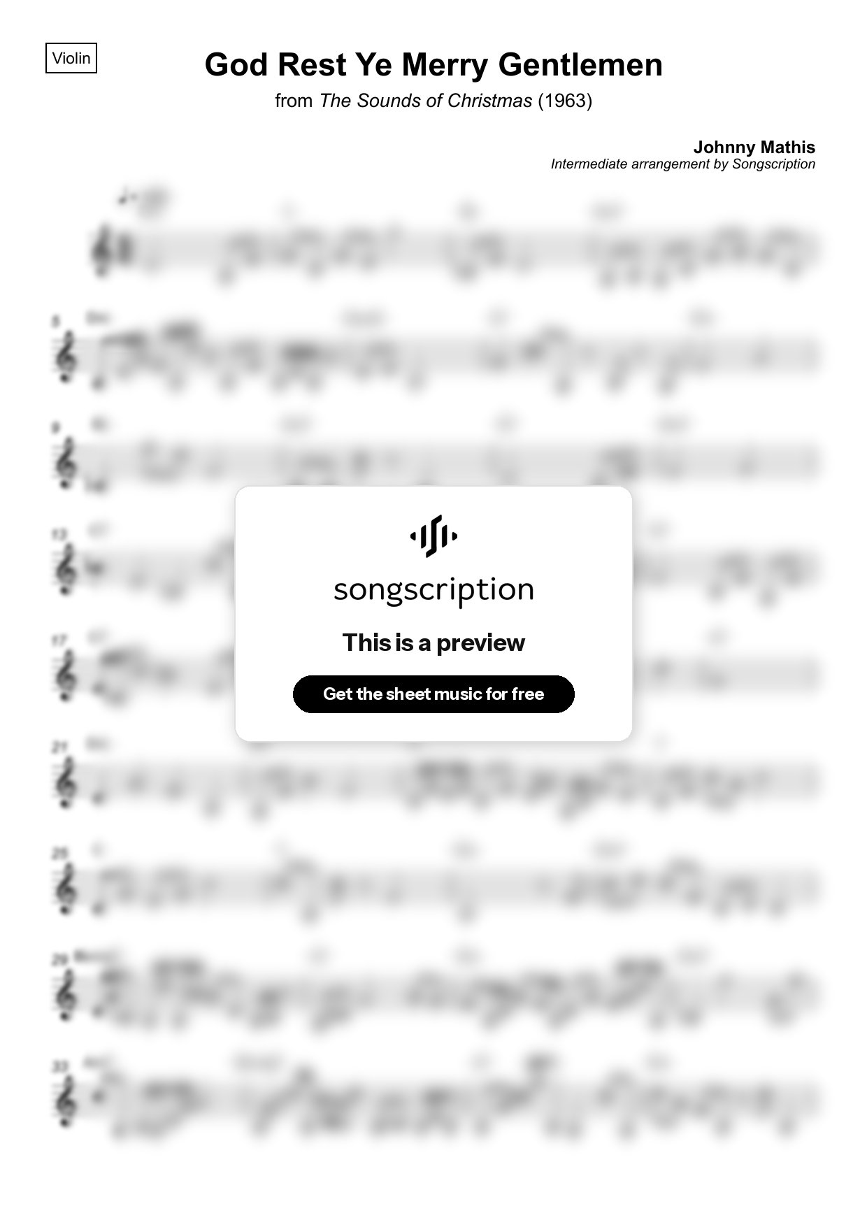 Intermediate Violin Sheet Music for "God Rest Ye Merry Gentlemen" by Johnny Mathis