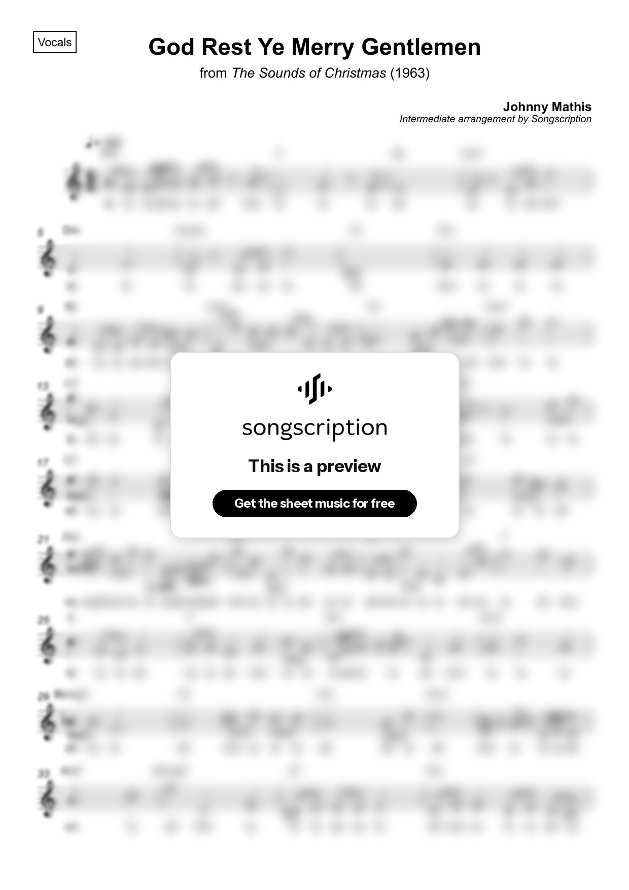 Intermediate Vocals Sheet Music for "God Rest Ye Merry Gentlemen" by Johnny Mathis