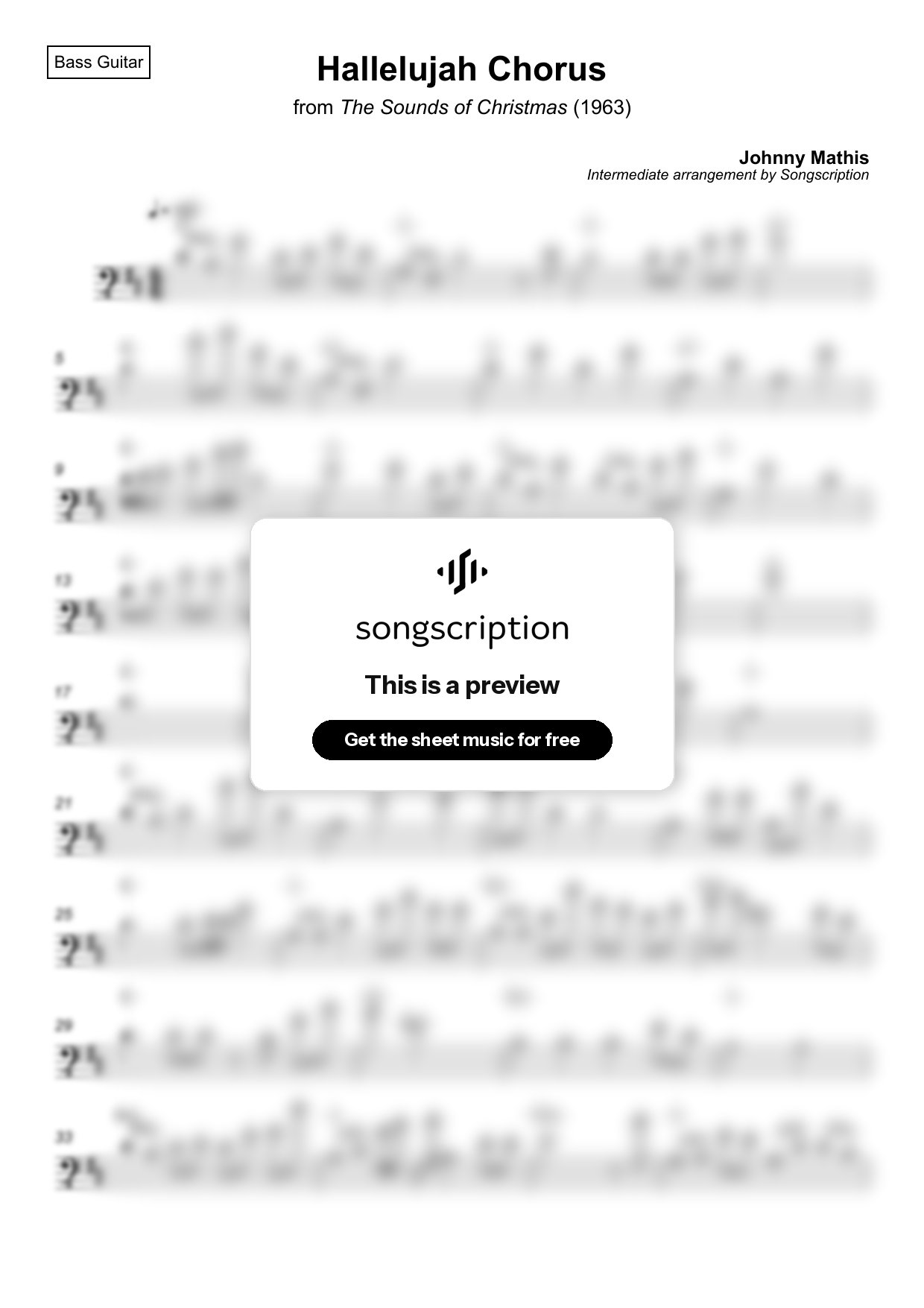 Intermediate Bass Guitar Sheet Music for "Hallelujah Chorus" by Johnny Mathis