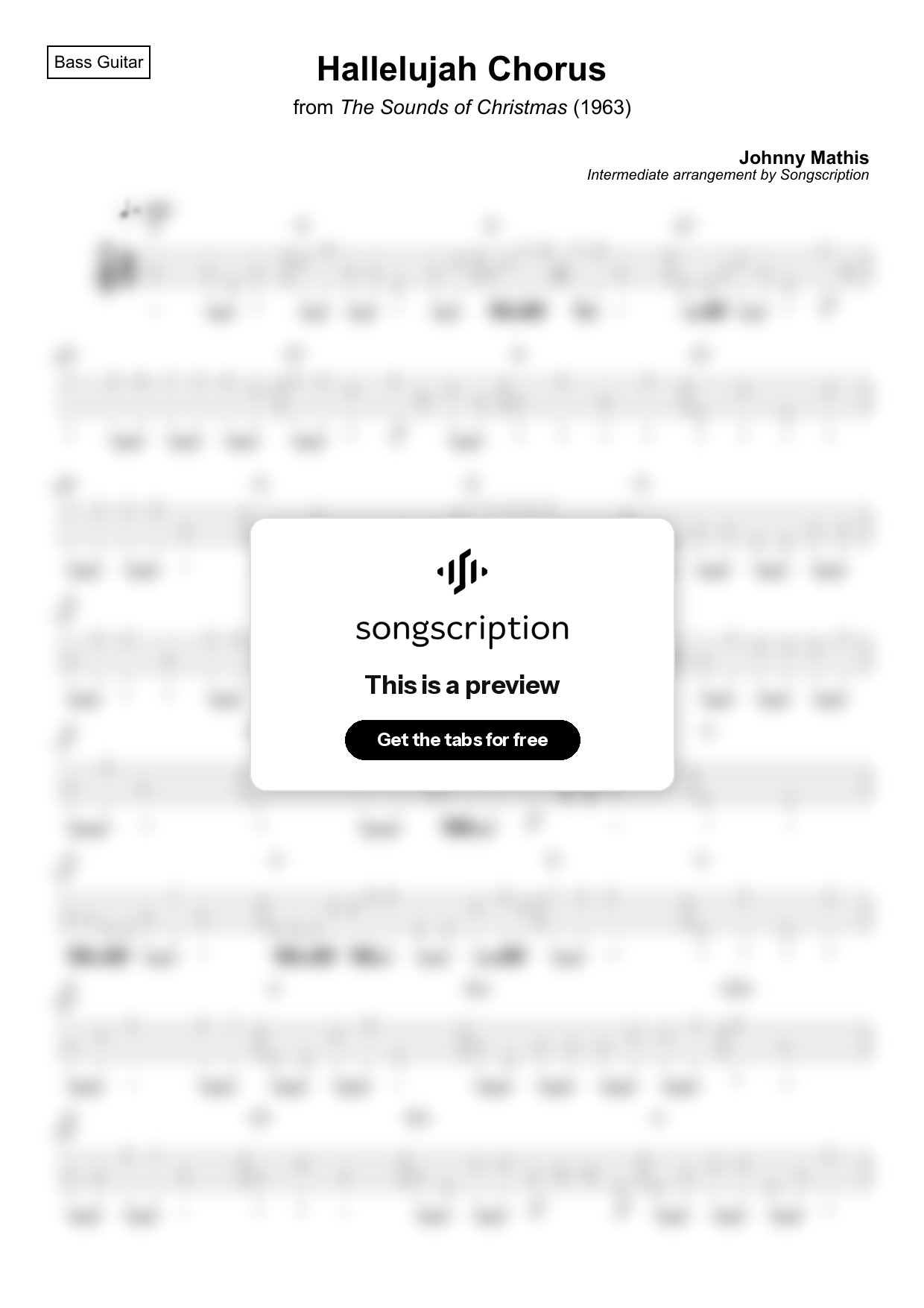 Intermediate Bass Guitar Tabs for "Hallelujah Chorus" by Johnny Mathis