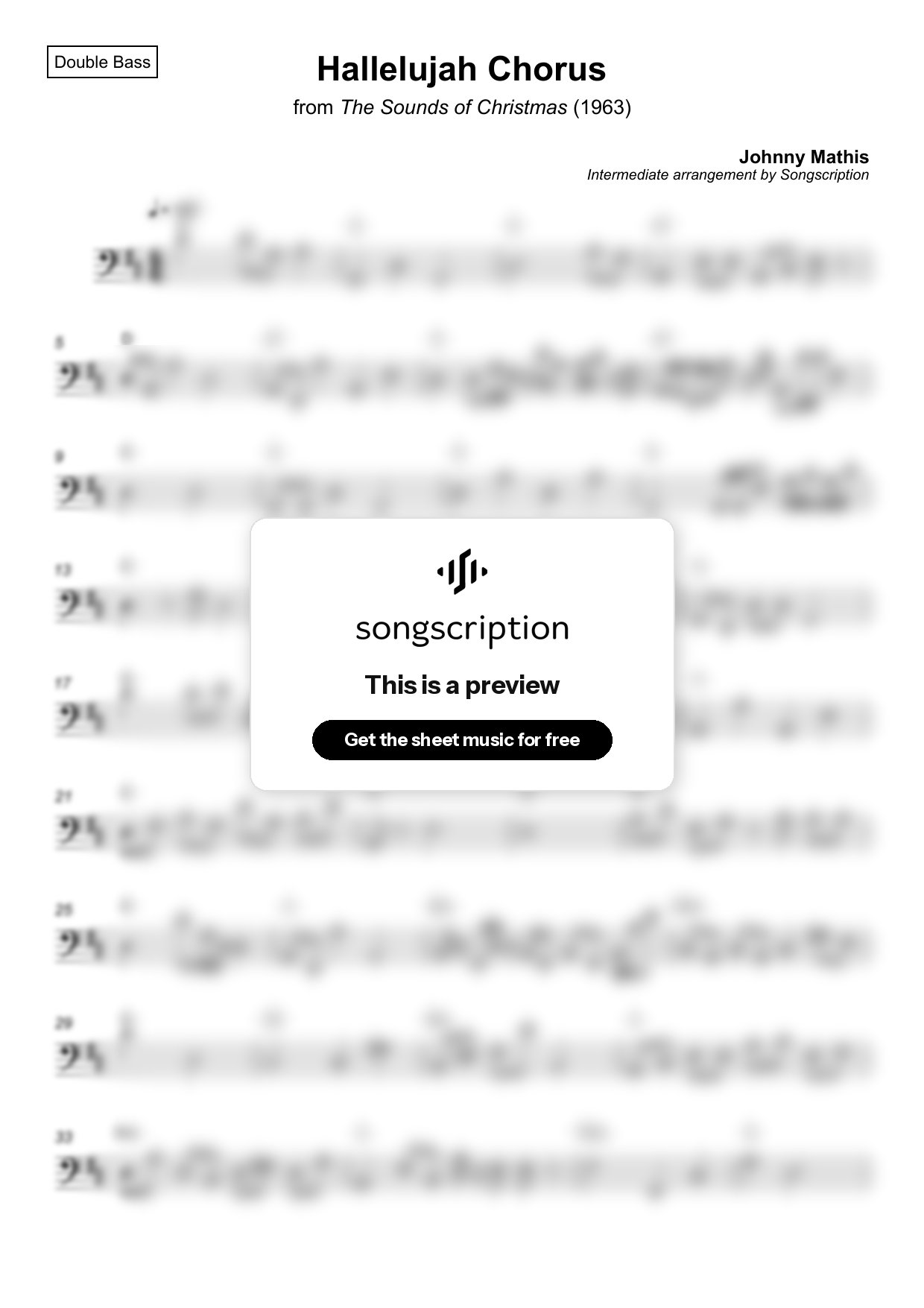 Intermediate Double Bass Sheet Music for "Hallelujah Chorus" by Johnny Mathis