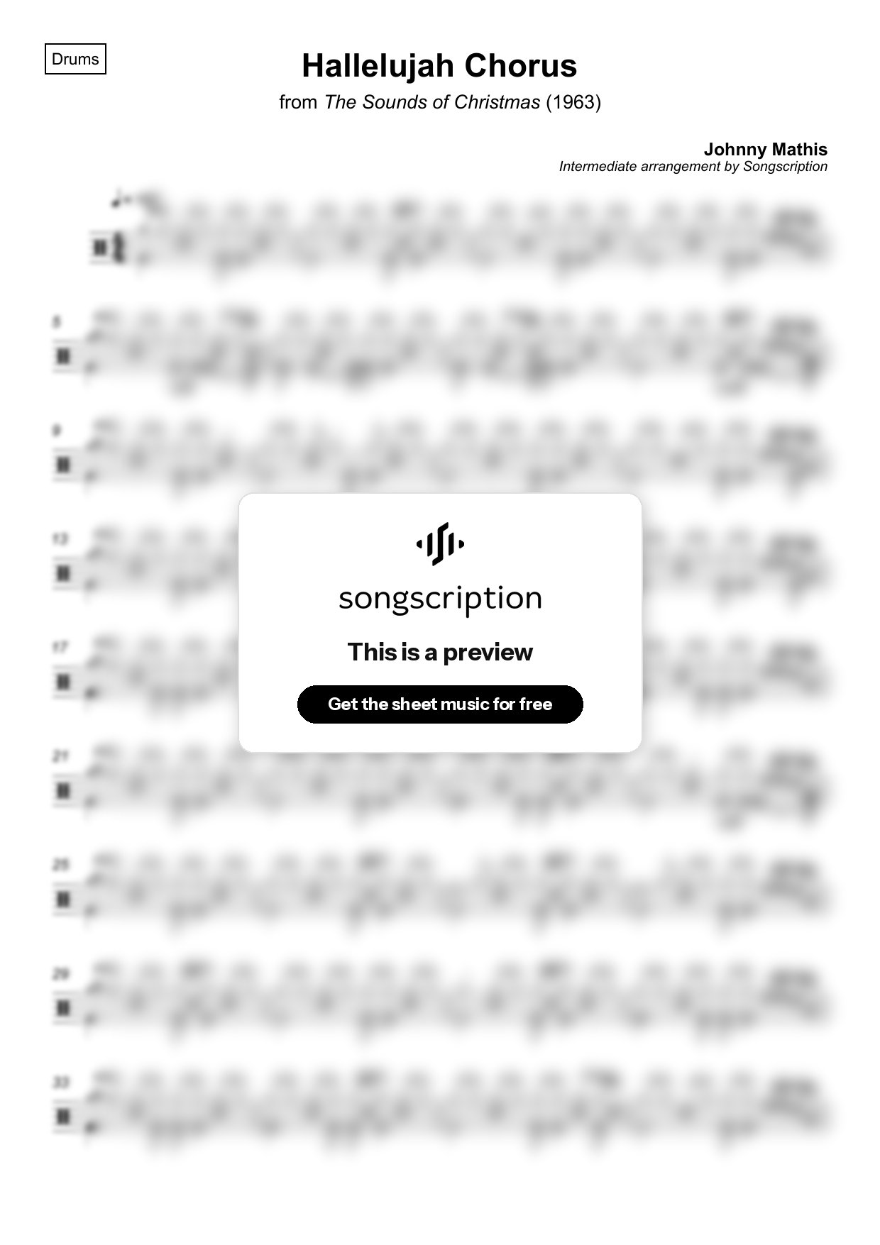 Intermediate Drums Sheet Music for "Hallelujah Chorus" by Johnny Mathis