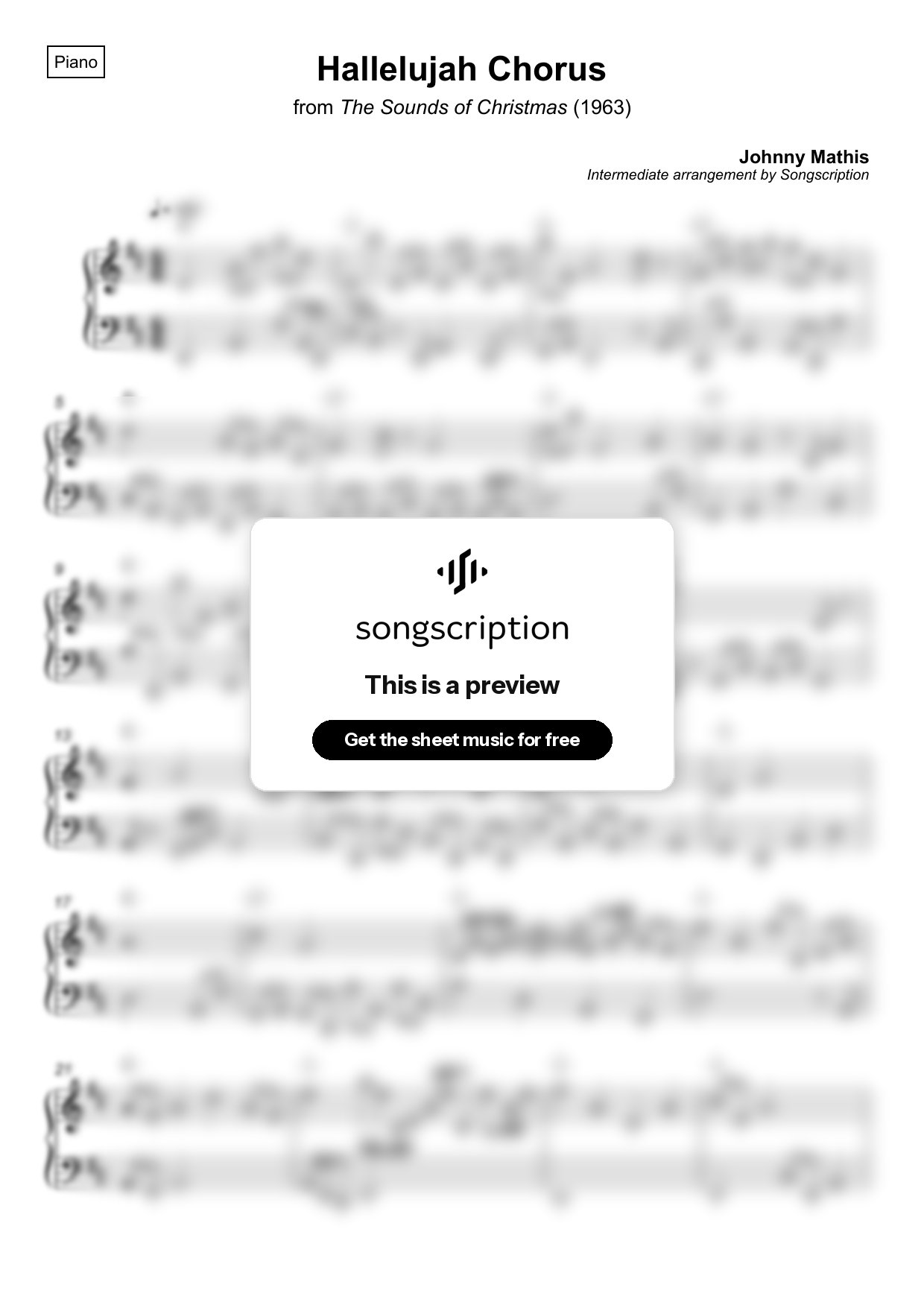 Intermediate Piano Sheet Music for "Hallelujah Chorus" by Johnny Mathis