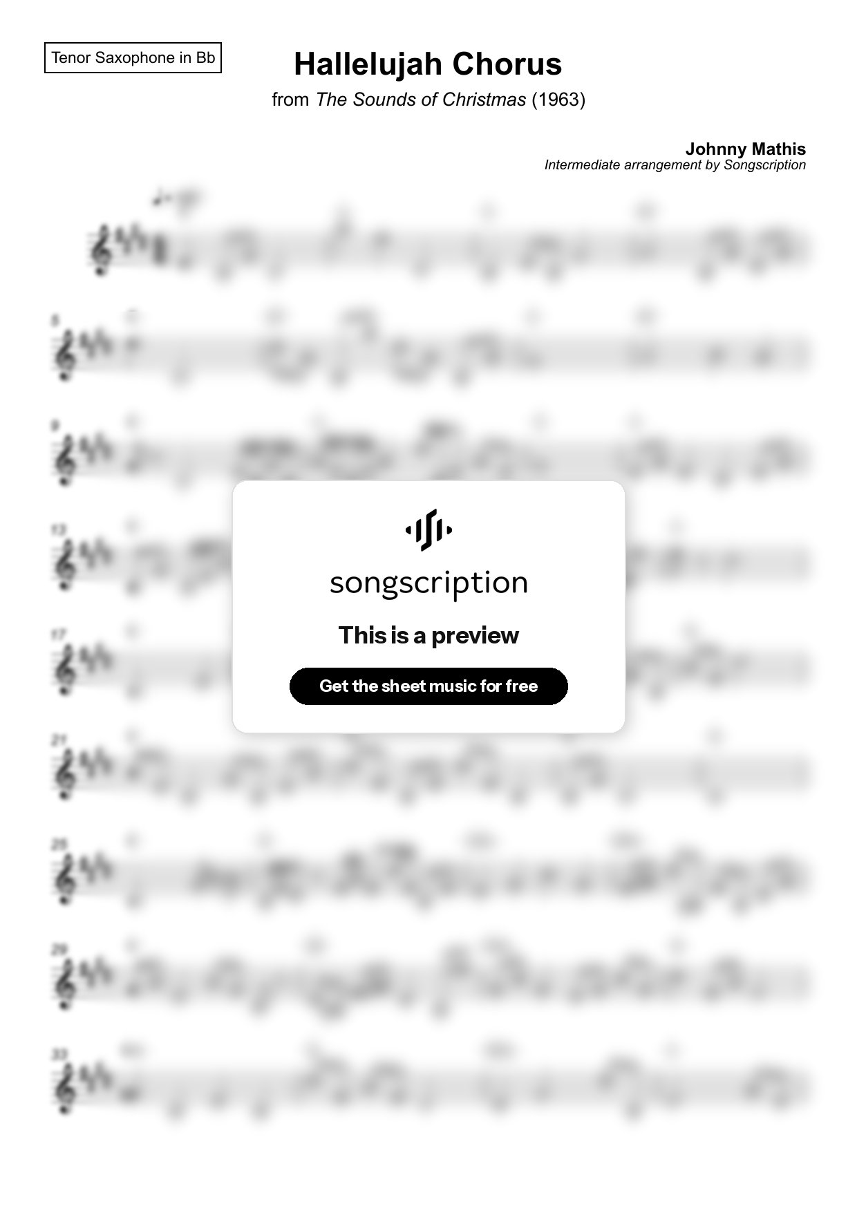 Intermediate Tenor Sax Sheet Music for "Hallelujah Chorus" by Johnny Mathis