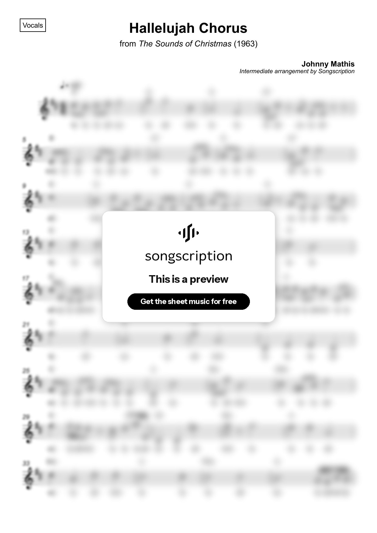Intermediate Vocals Sheet Music for "Hallelujah Chorus" by Johnny Mathis