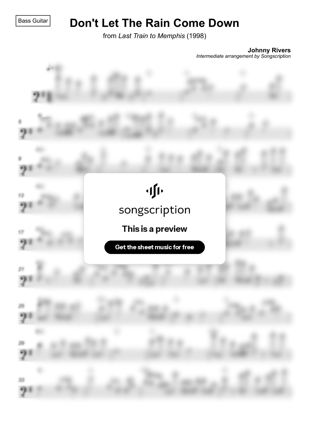 Intermediate Bass Guitar Sheet Music for "Don't Let The Rain Come Down" by Johnny Rivers