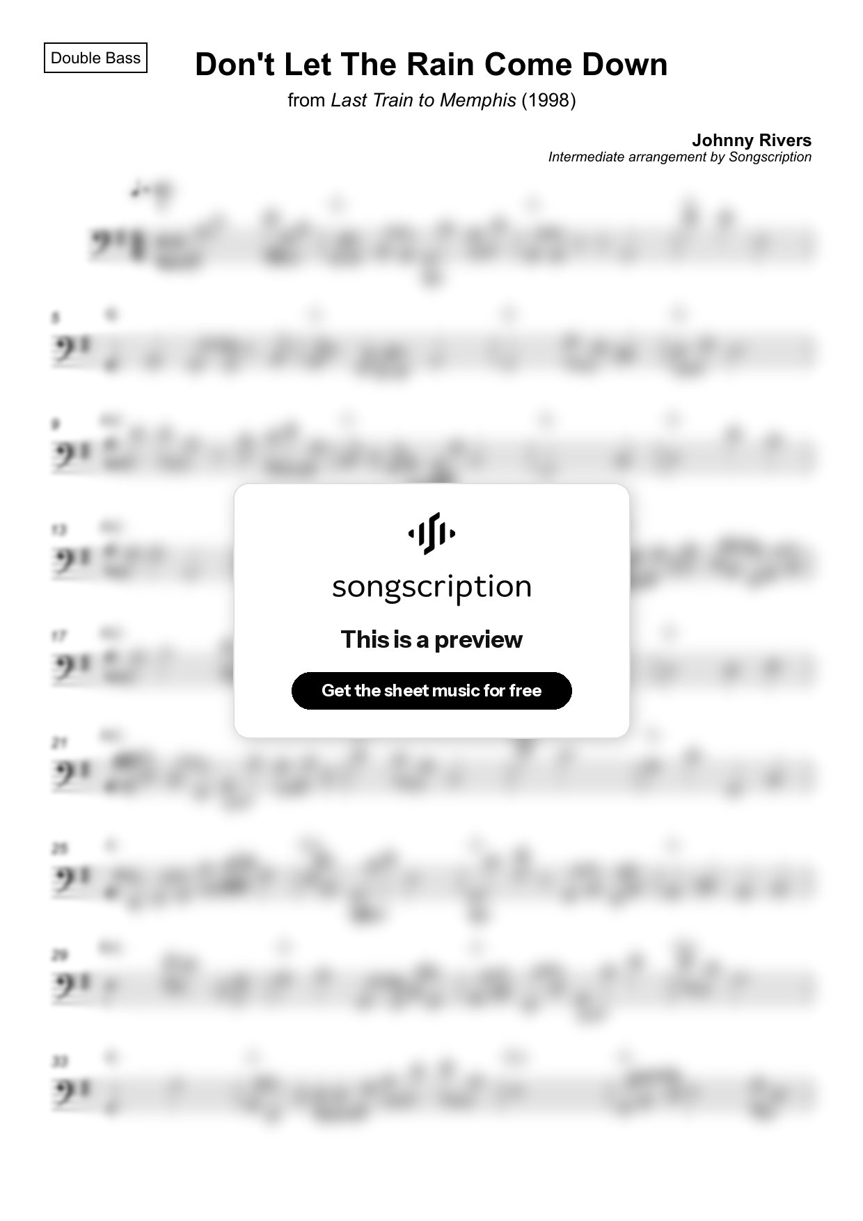 Intermediate Double Bass Sheet Music for "Don't Let The Rain Come Down" by Johnny Rivers