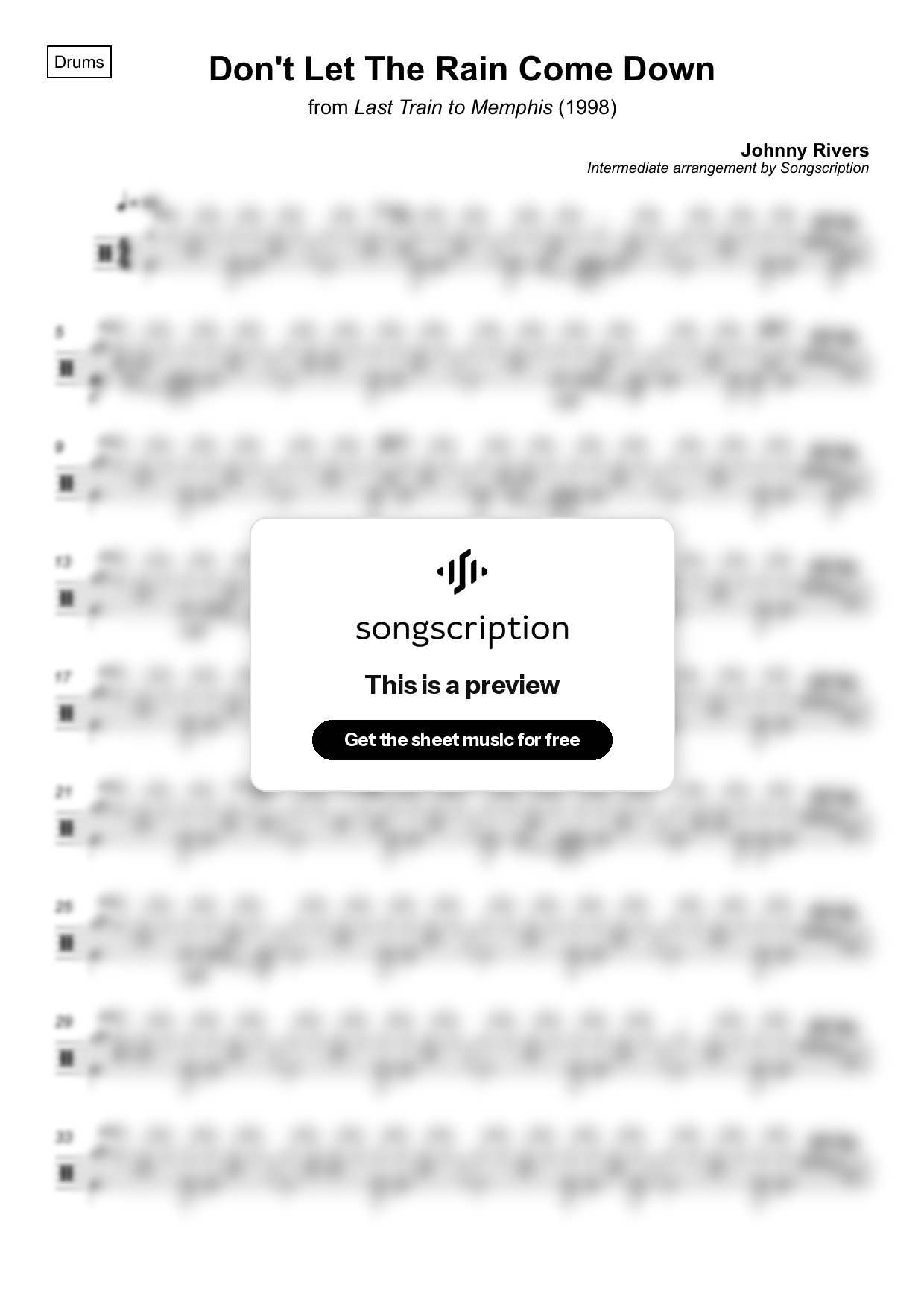 Intermediate Drums Sheet Music for "Don't Let The Rain Come Down" by Johnny Rivers