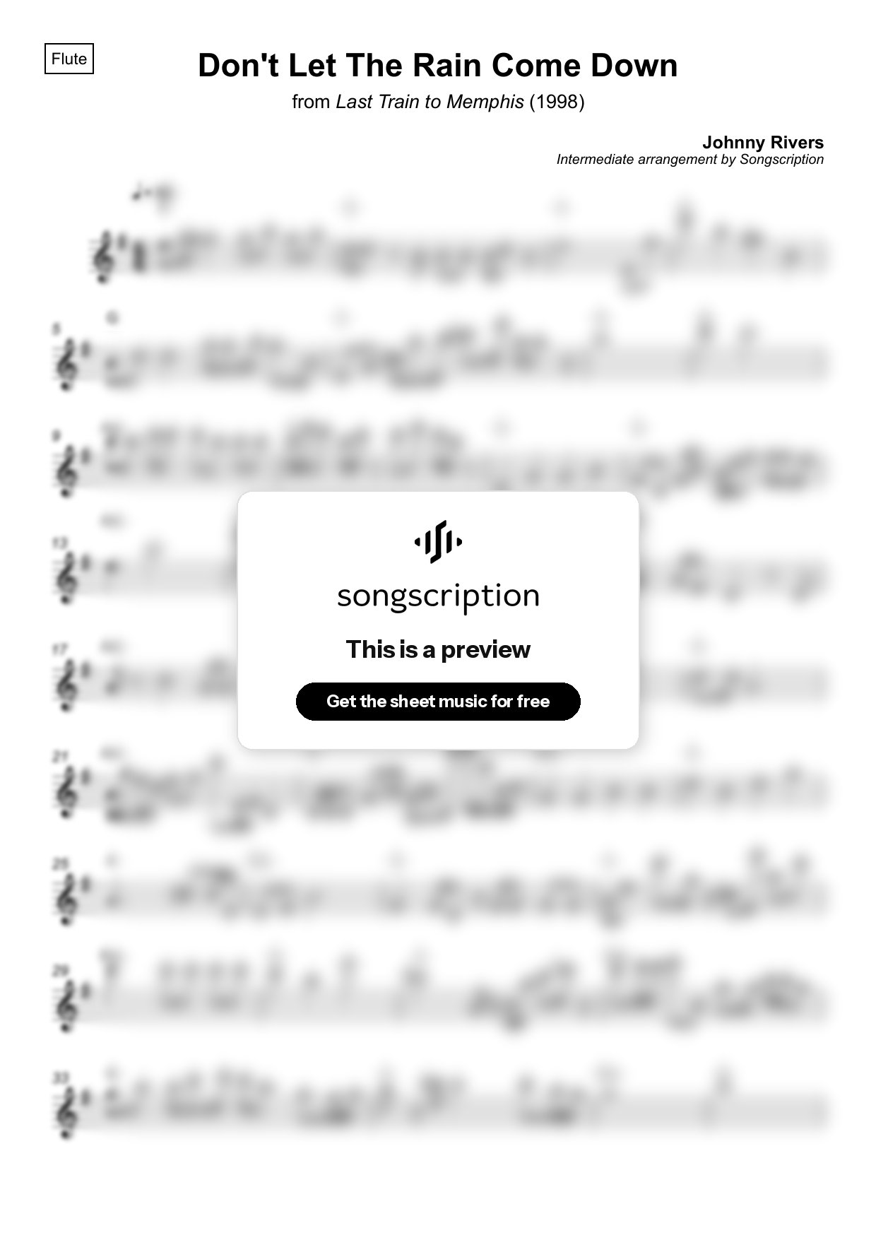 Intermediate Flute Sheet Music for "Don't Let The Rain Come Down" by Johnny Rivers