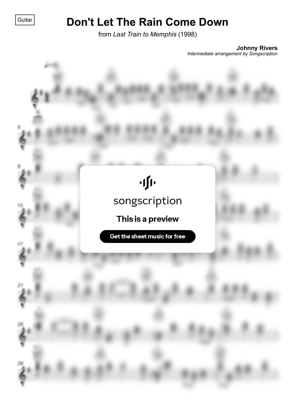 Intermediate Acoustic Guitar Sheet Music for "Don't Let The Rain Come Down" by Johnny Rivers
