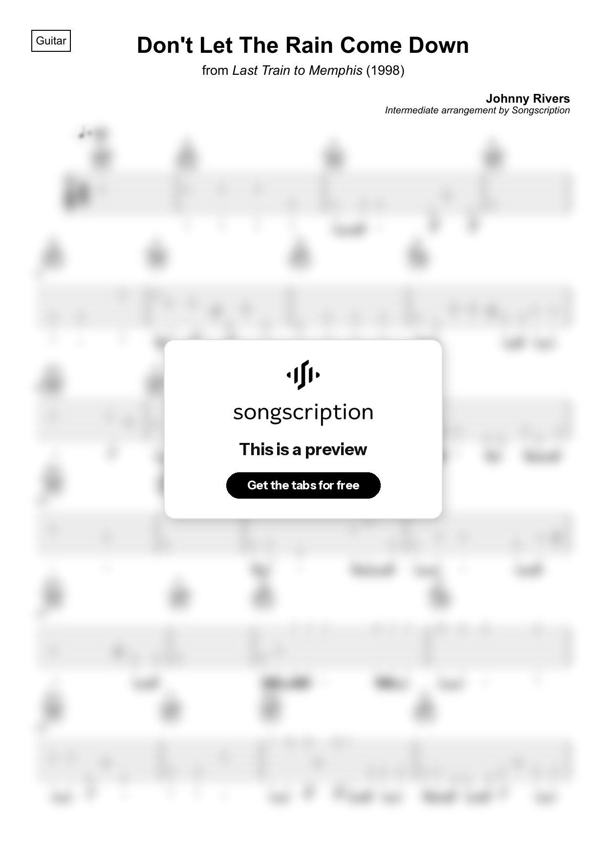 Intermediate Acoustic Guitar Tabs for "Don't Let The Rain Come Down" by Johnny Rivers