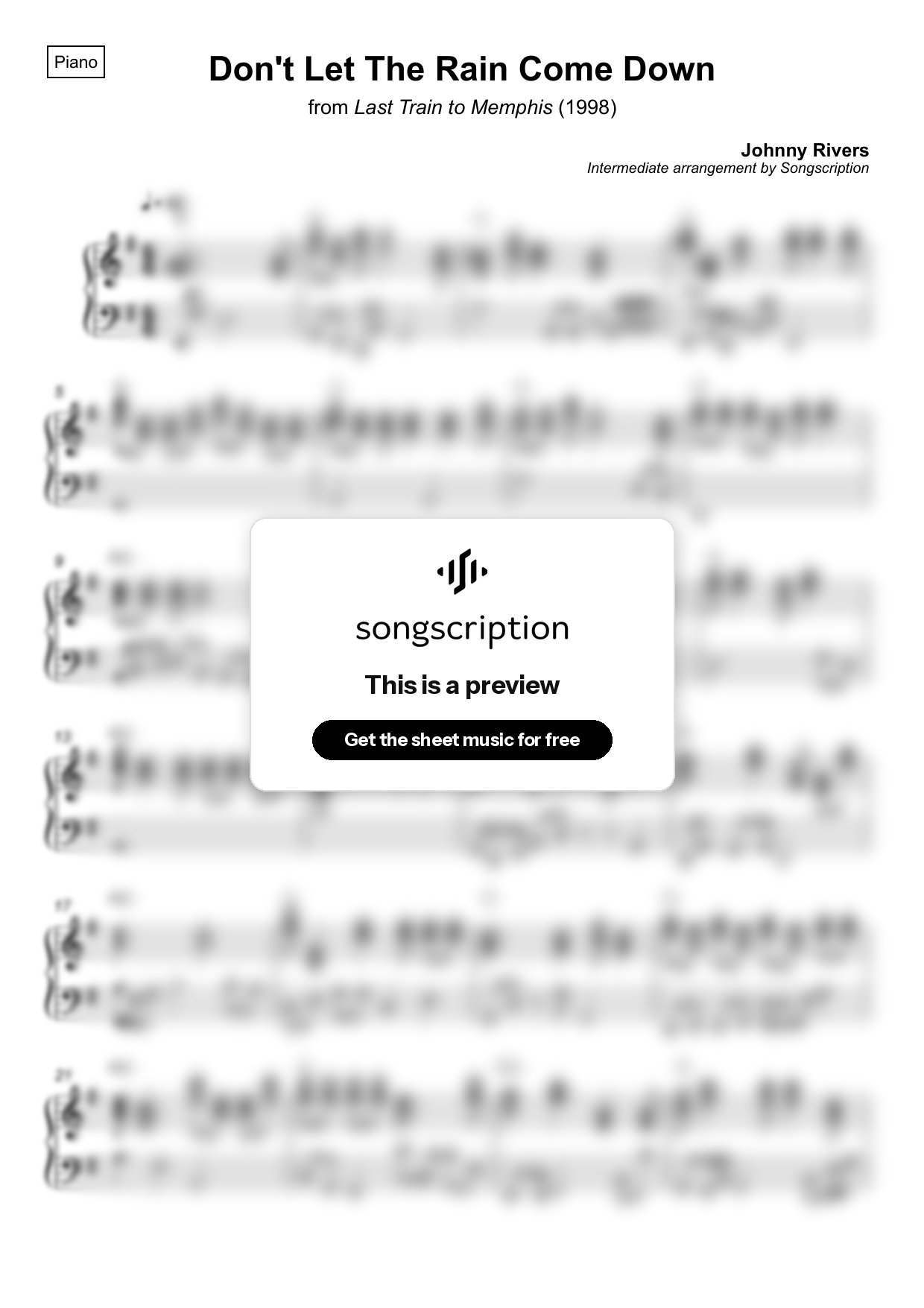 Intermediate Piano Sheet Music for "Don't Let The Rain Come Down" by Johnny Rivers