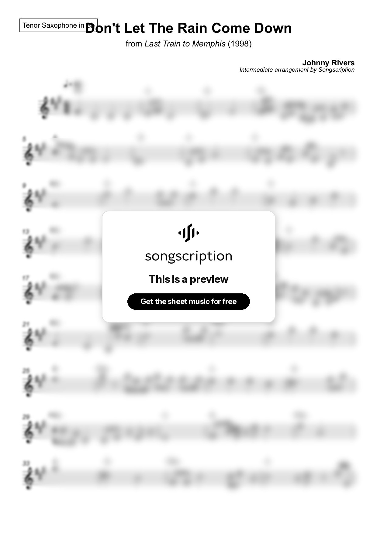 Intermediate Tenor Sax Sheet Music for "Don't Let The Rain Come Down" by Johnny Rivers