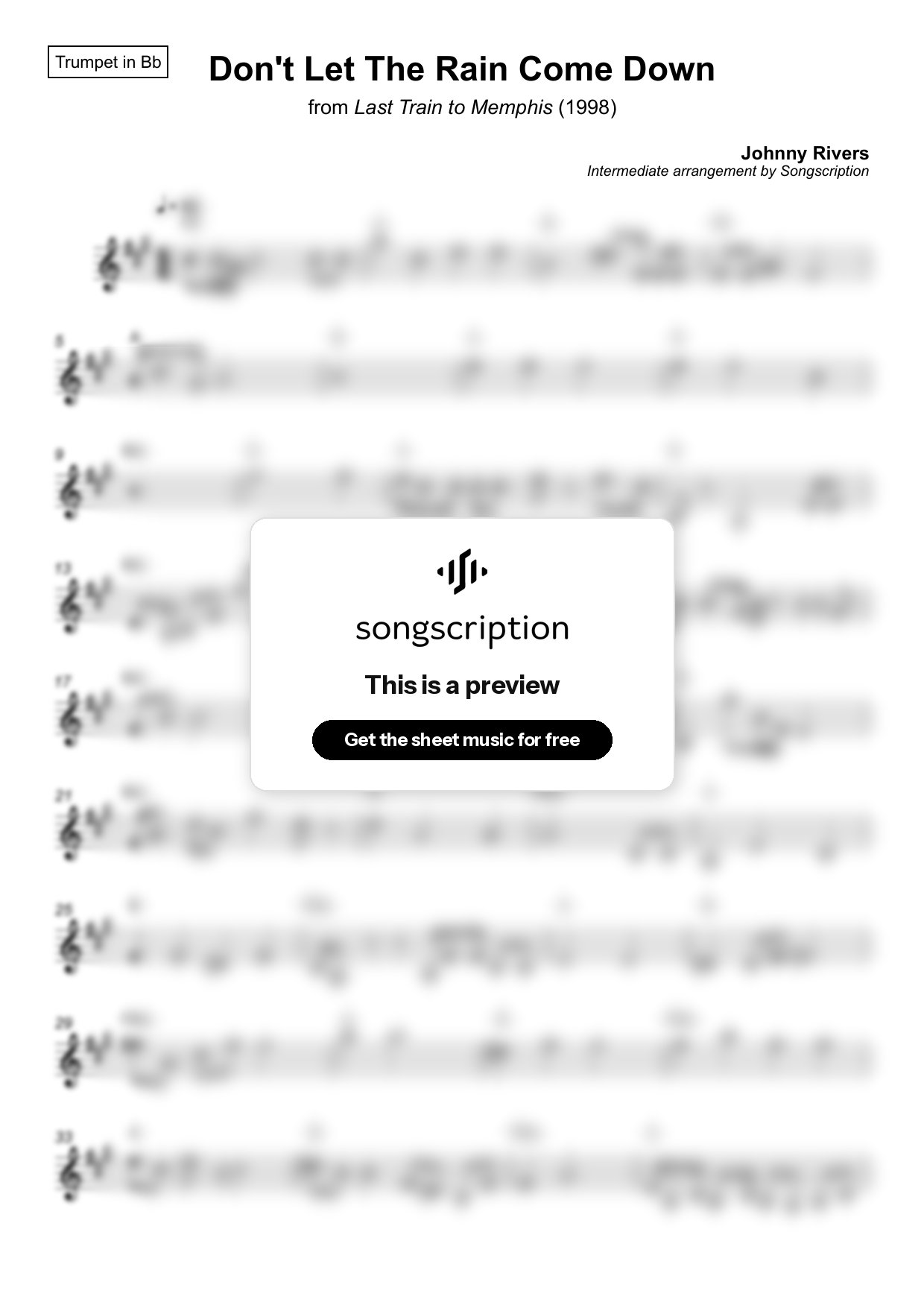 Intermediate Trumpet Sheet Music for "Don't Let The Rain Come Down" by Johnny Rivers