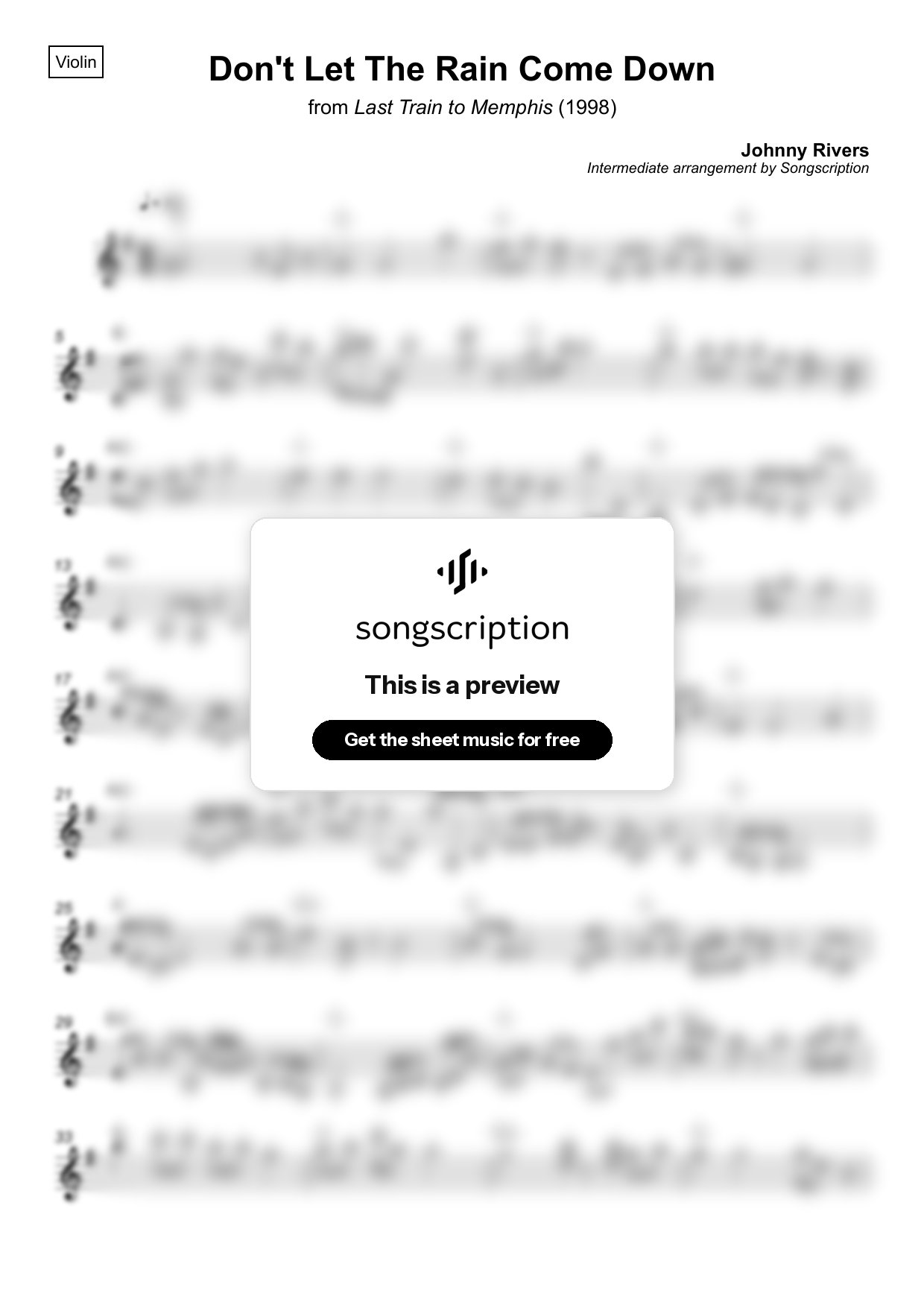 Intermediate Violin Sheet Music for "Don't Let The Rain Come Down" by Johnny Rivers